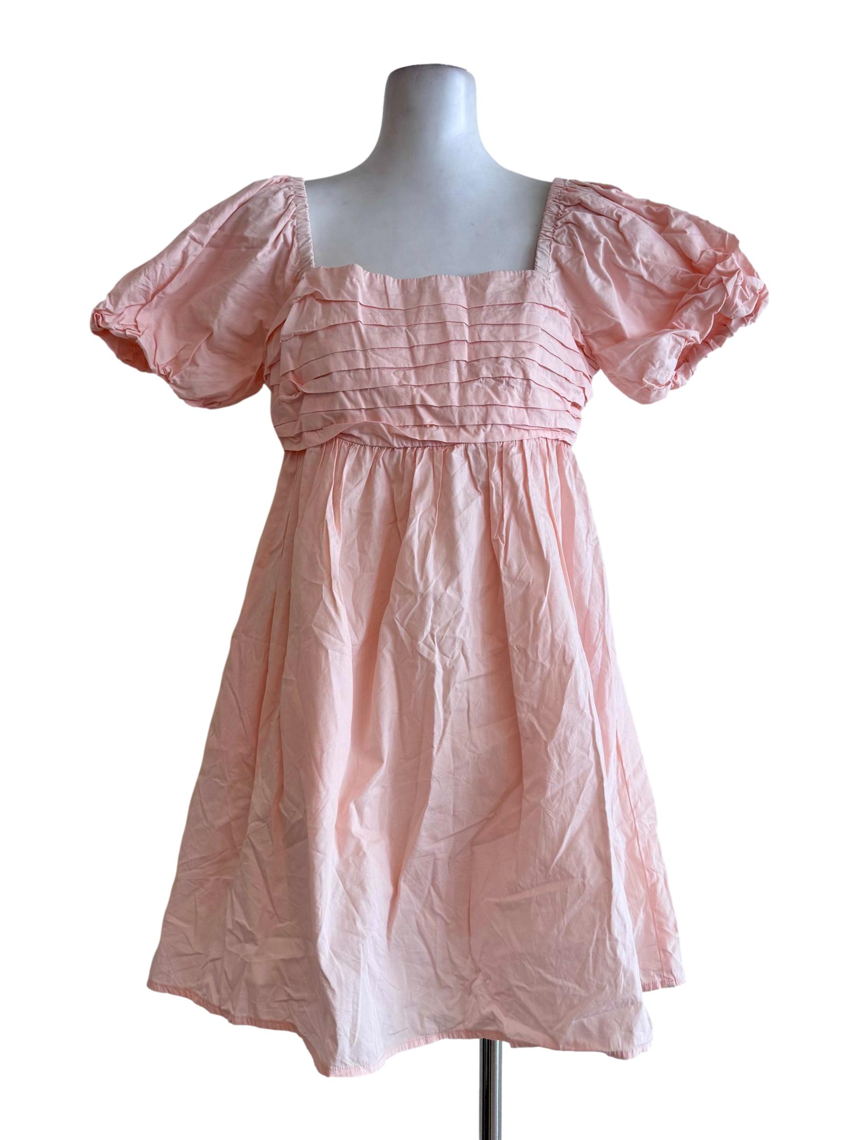 Blush Pink Pintuck Puff-Sleeve Babydoll Dress