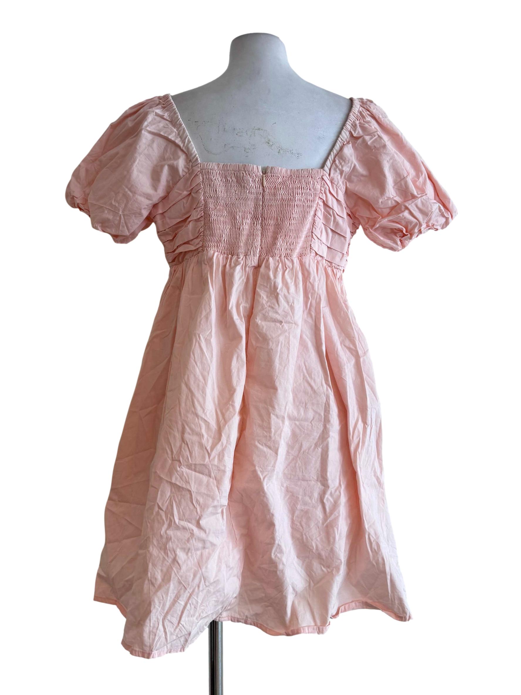 Blush Pink Pintuck Puff-Sleeve Babydoll Dress