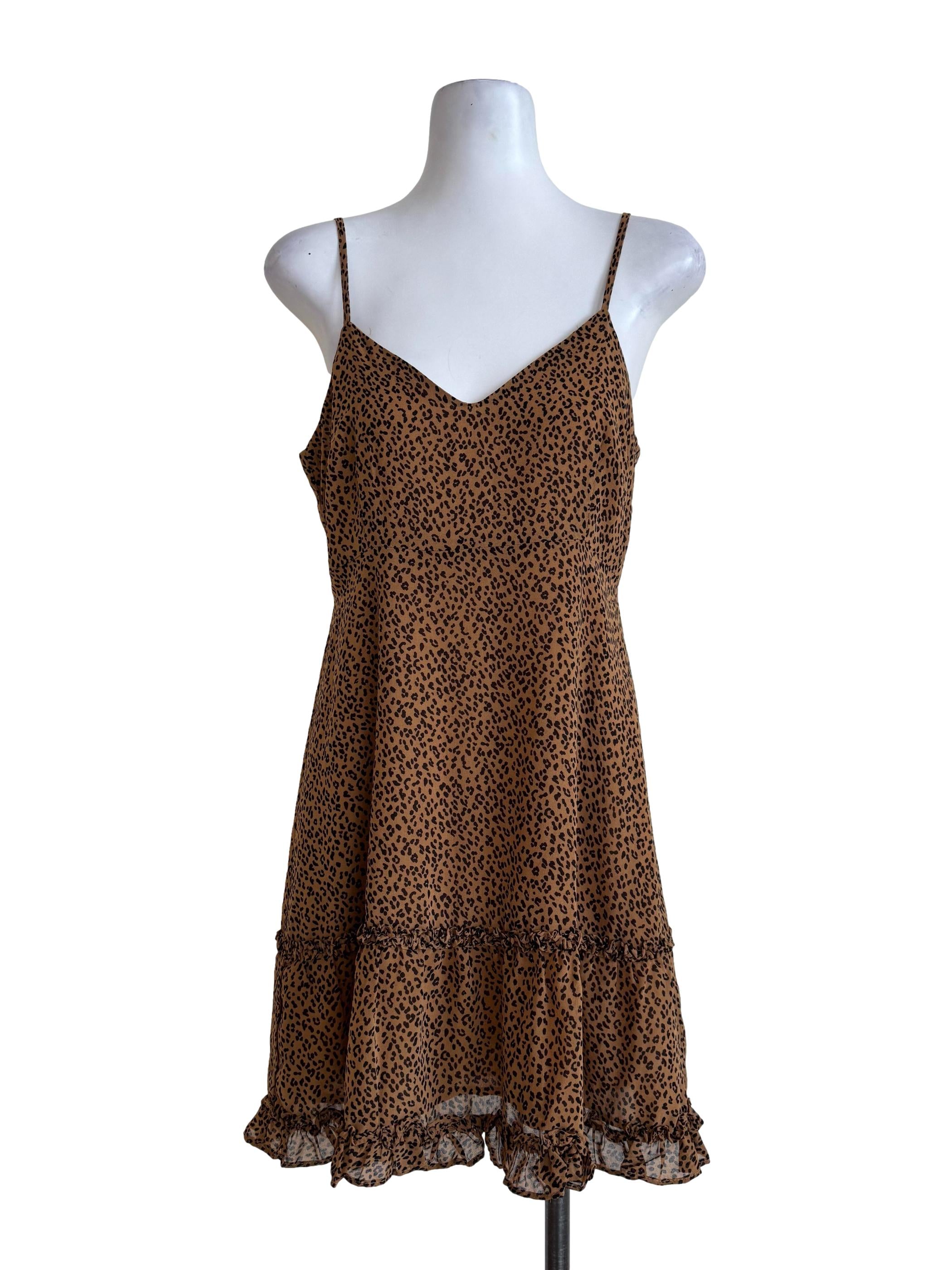 Caramel Leopard Prints V Neck Dress
