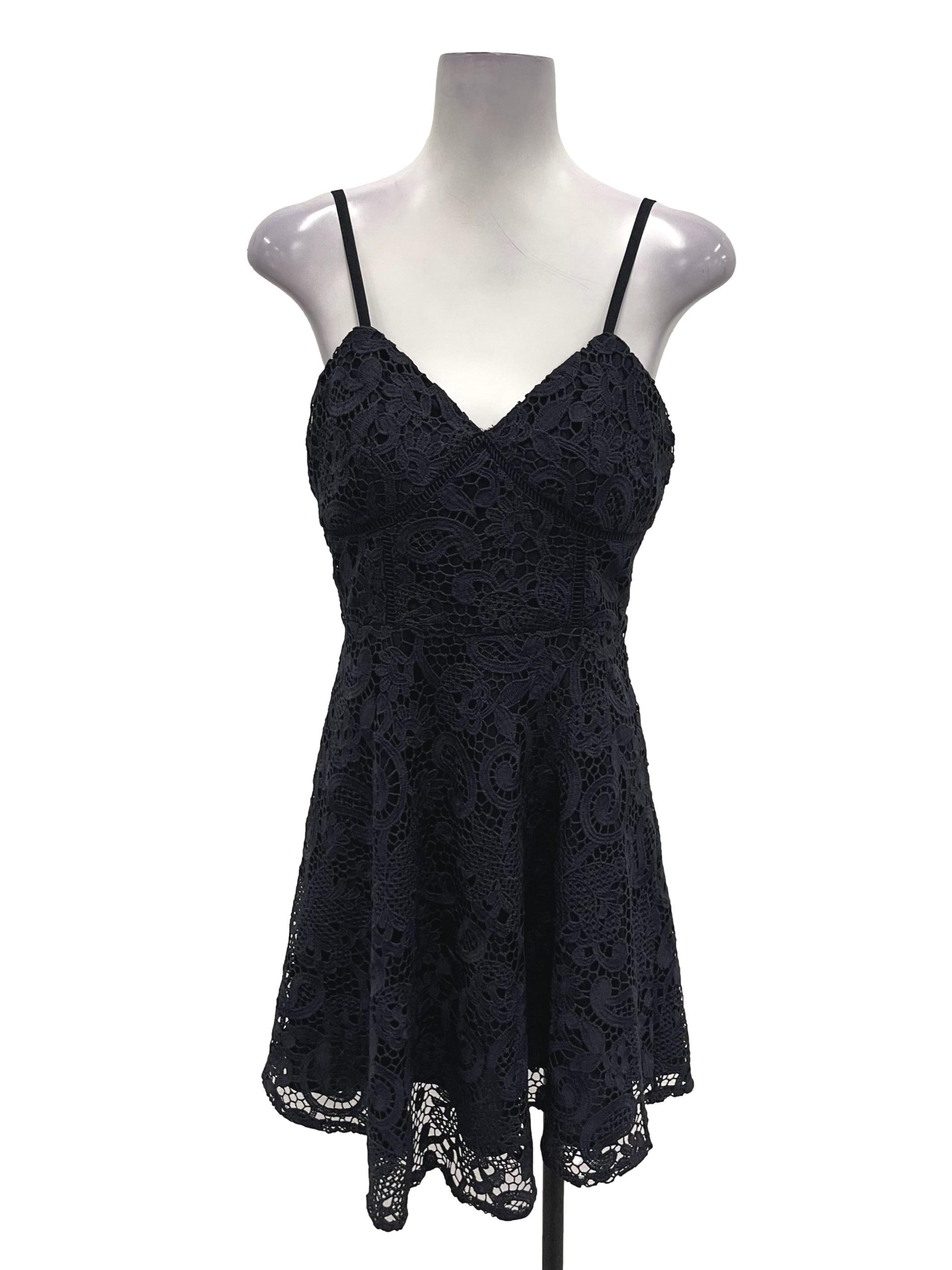 Hervelvetvase Navy Blue V-Neck Floral Lace Mini Dress