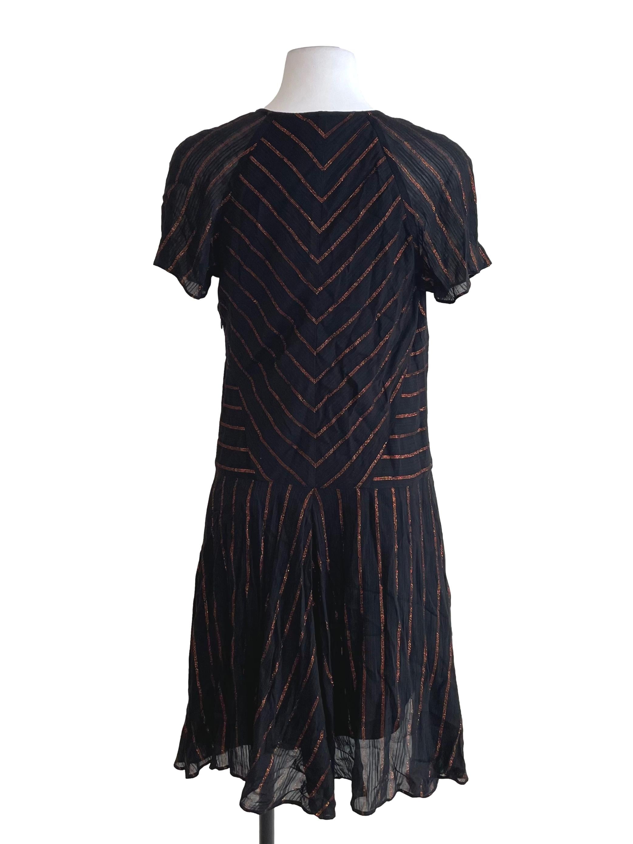 Black Shiny Stripes V Neck Dress
