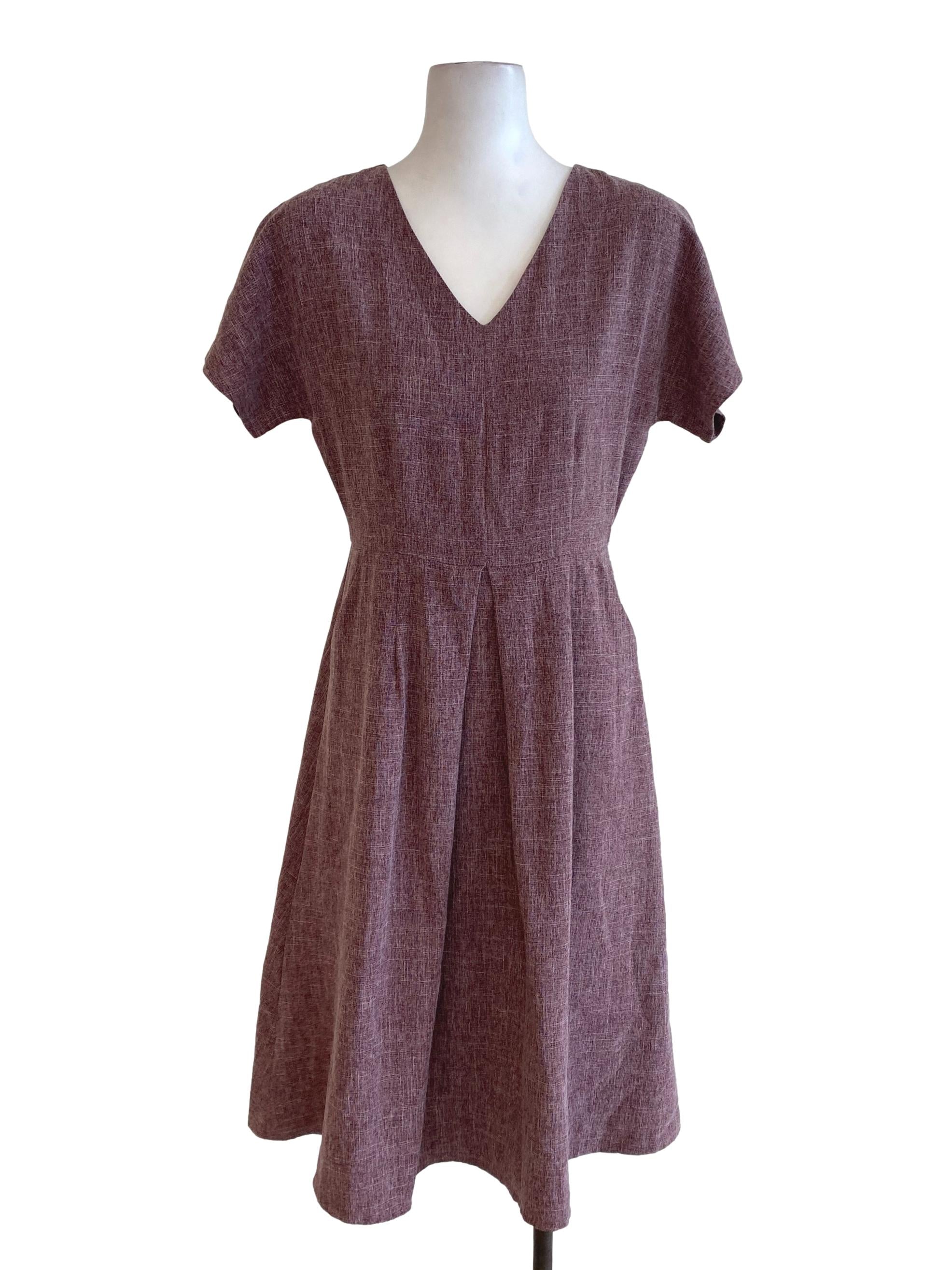 Grape V Neck Twill Dress