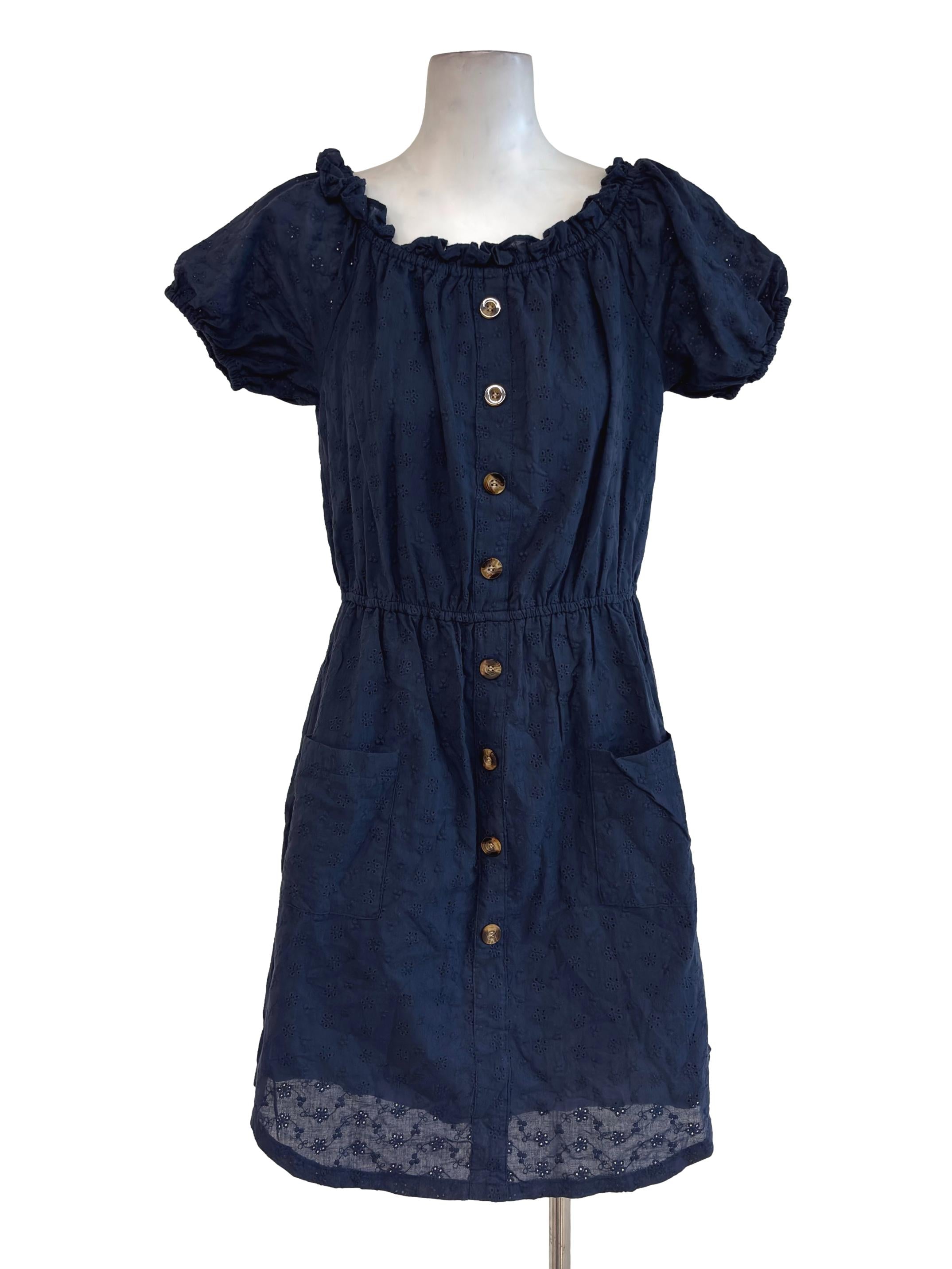 Navy Blue Eyelet Buttoned Mini Dress