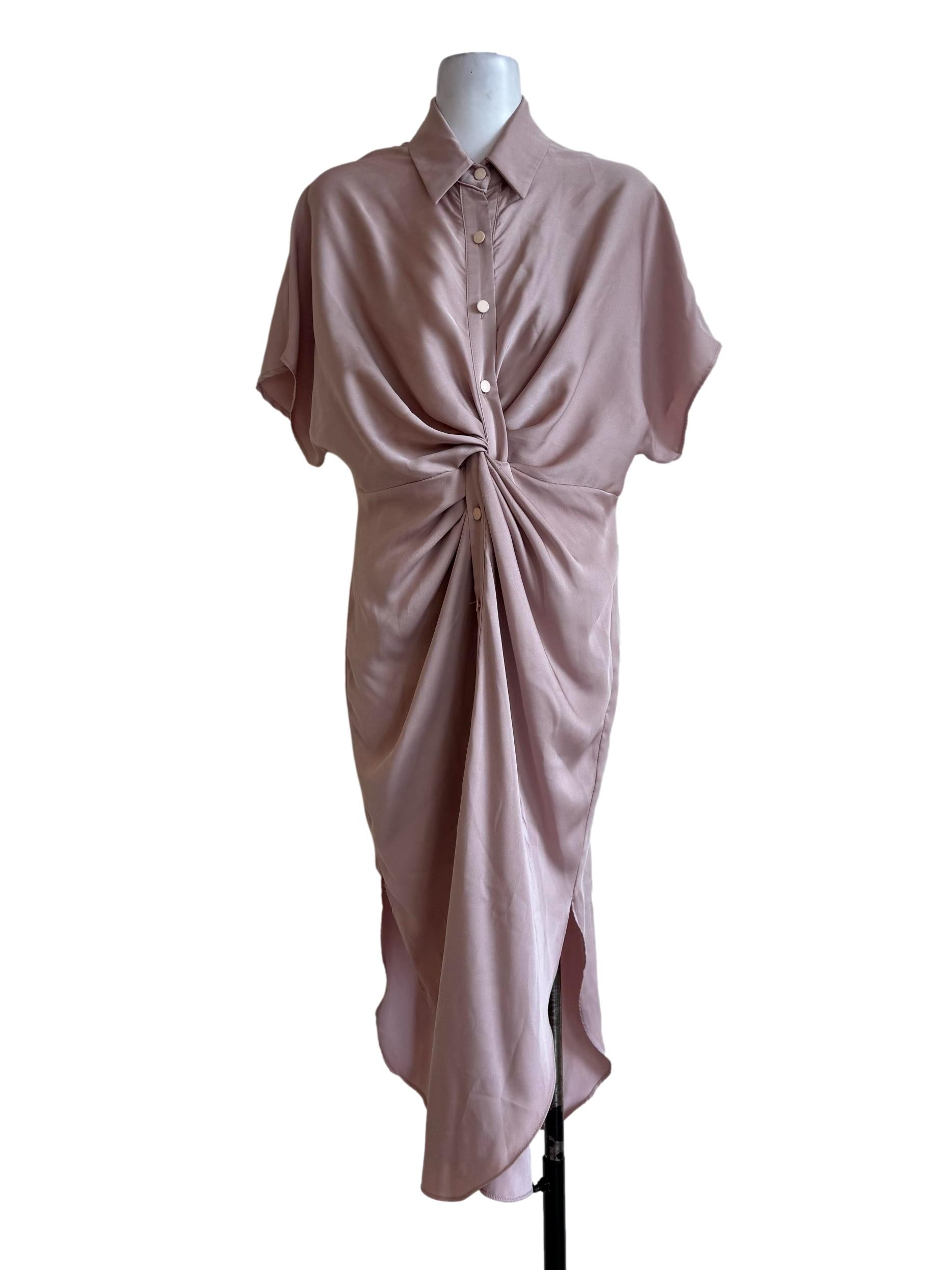 Shiny Beige Front Knot Shirt Dress