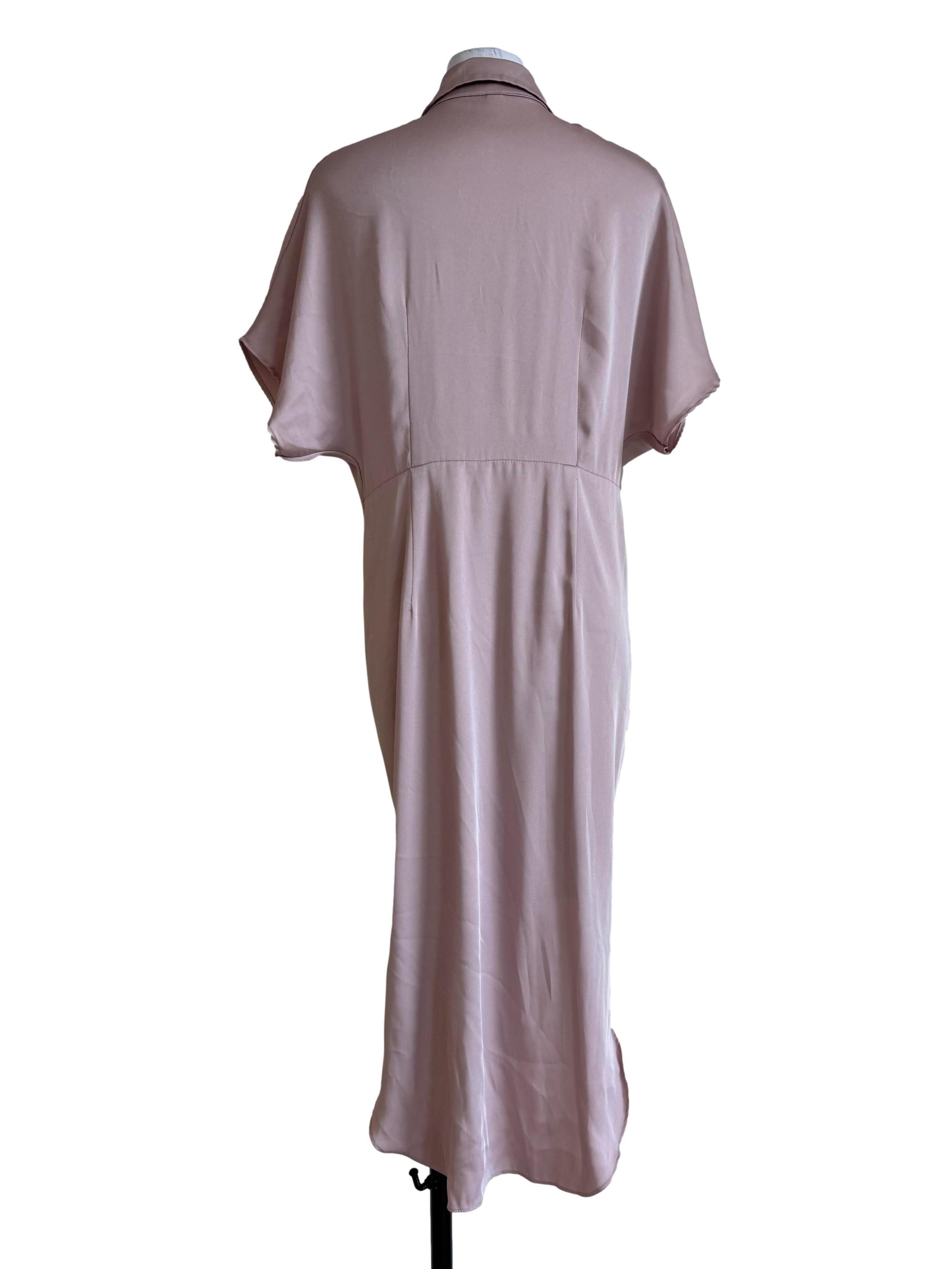 Shiny Beige Front Knot Shirt Dress