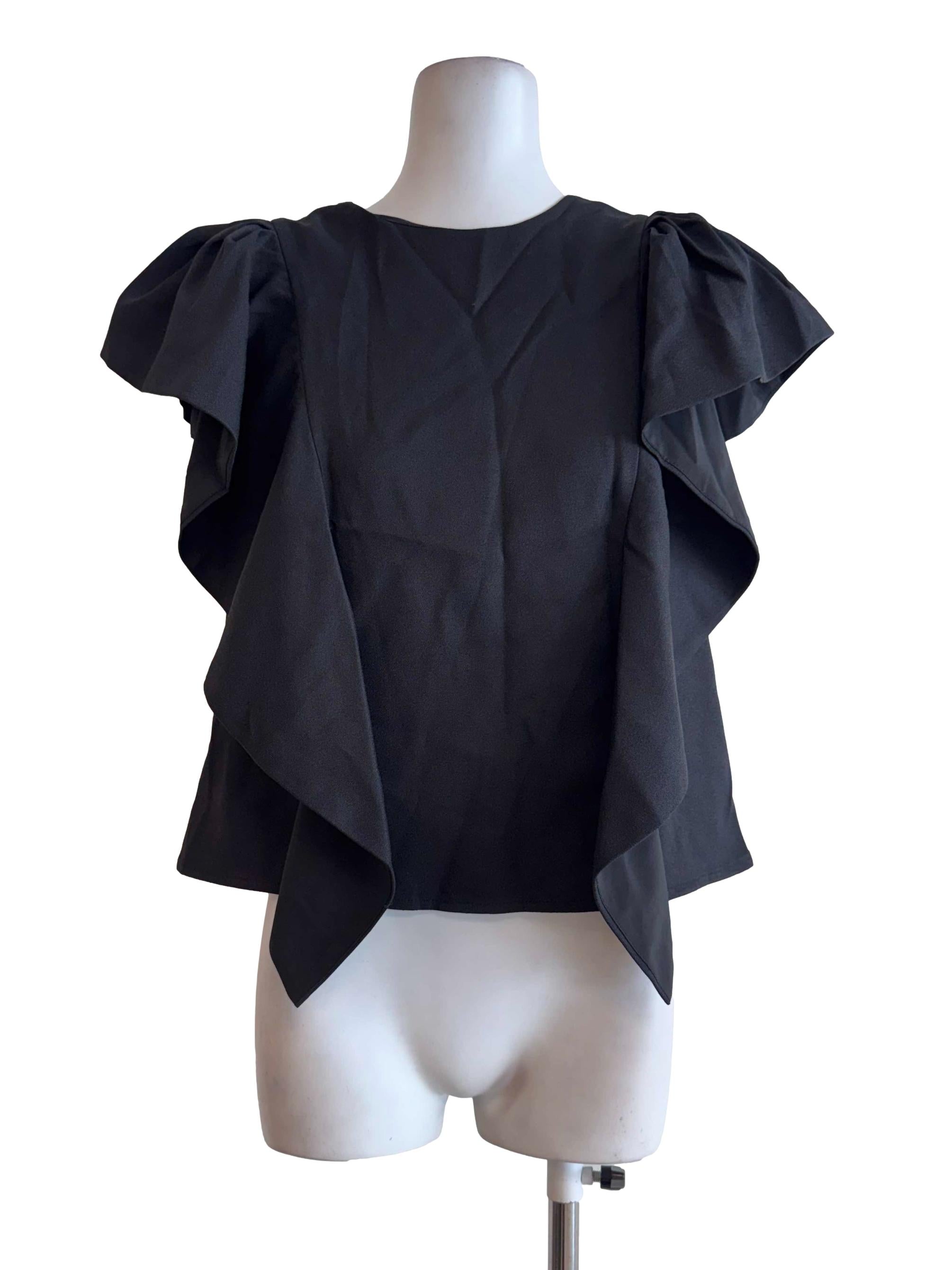 Black Ruffle-Sleeve Structured Blouse