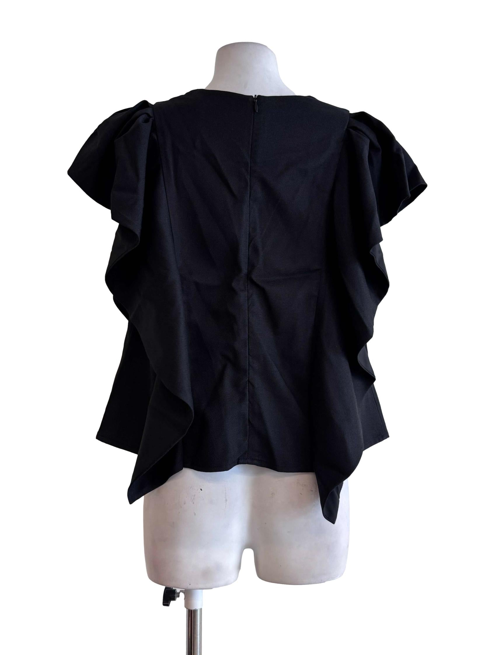 Black Ruffle-Sleeve Structured Blouse