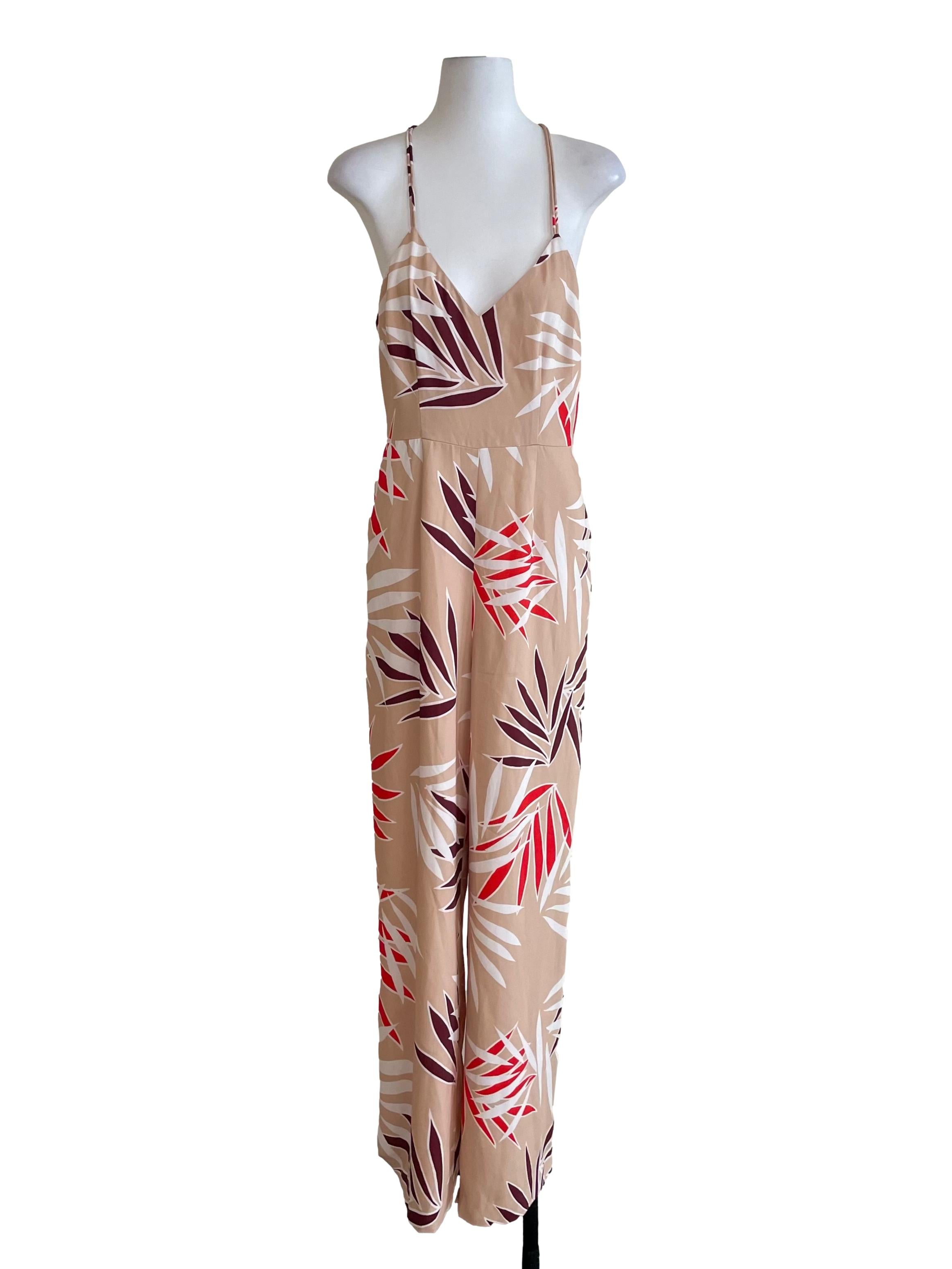Latte Beige Leaf Print Cami Jumpsuit