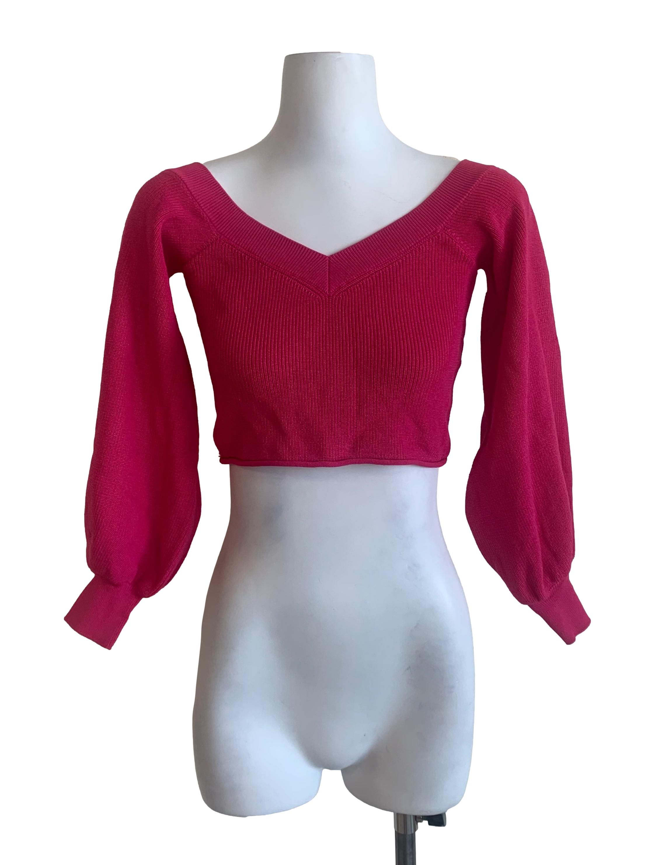 Fuschia Pink Bishop Sleeves Crop Top