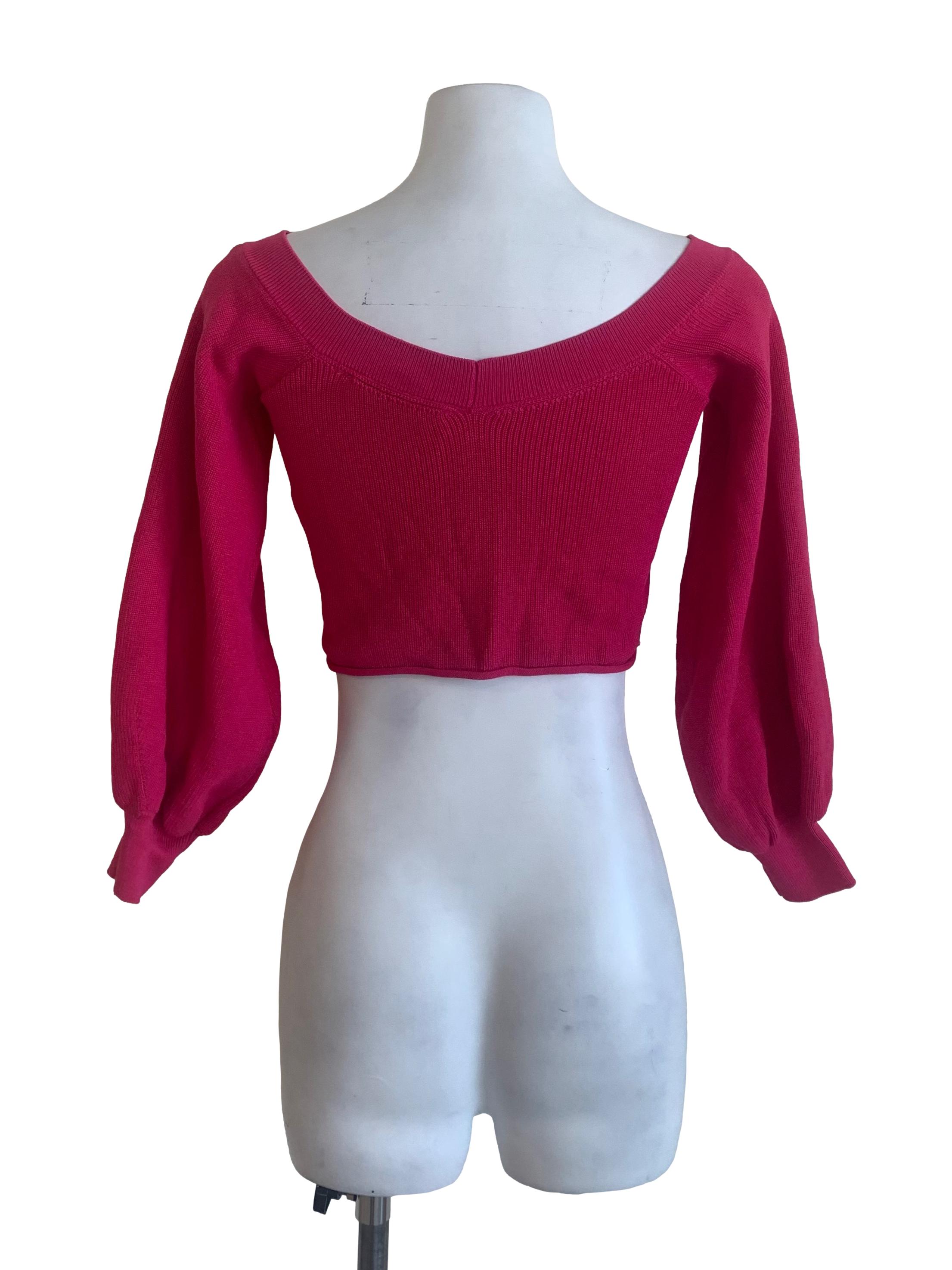 Fuschia Pink Bishop Sleeves Crop Top