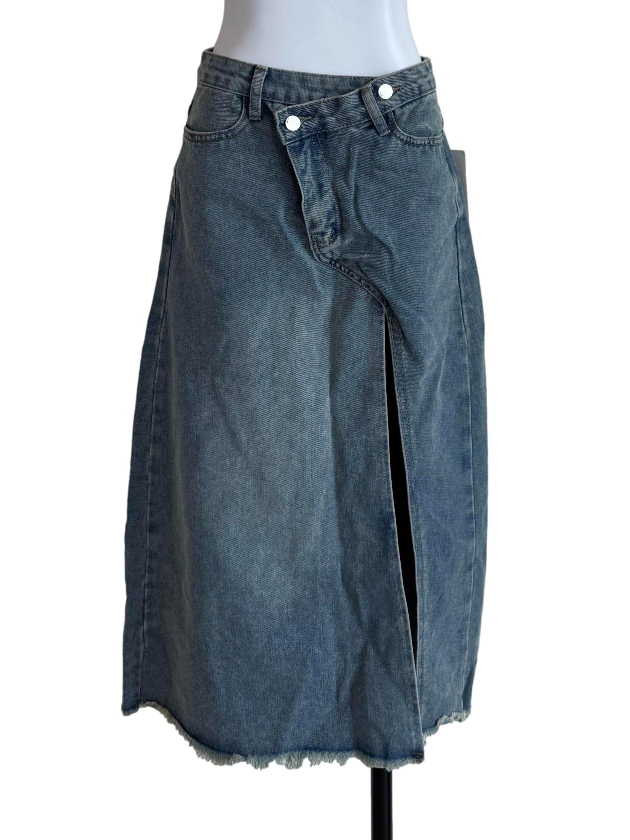 Acid Wash Denim Front Slit Skirt