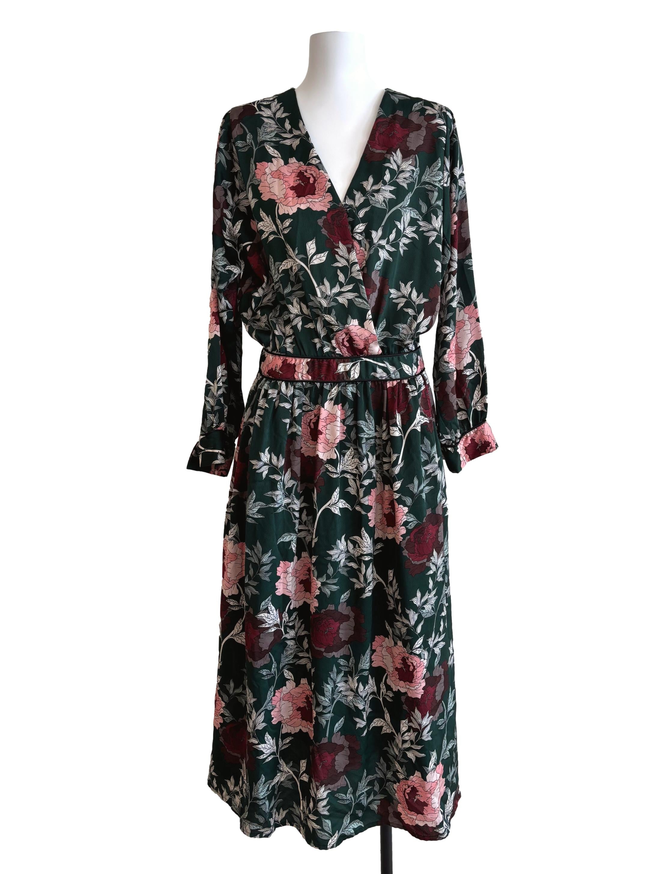 Forest Green Floral Surplice Dress