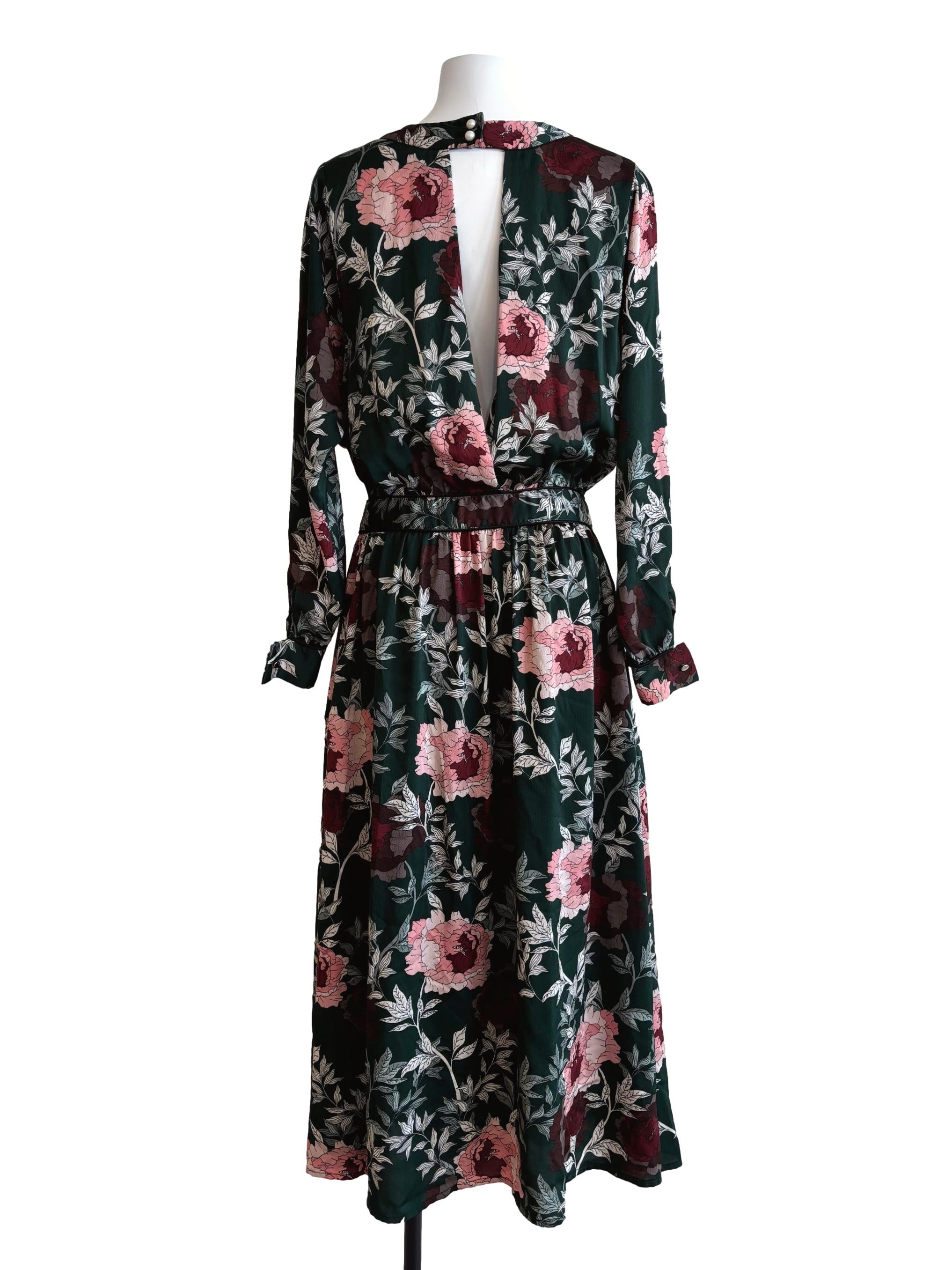 Forest Green Floral Surplice Dress