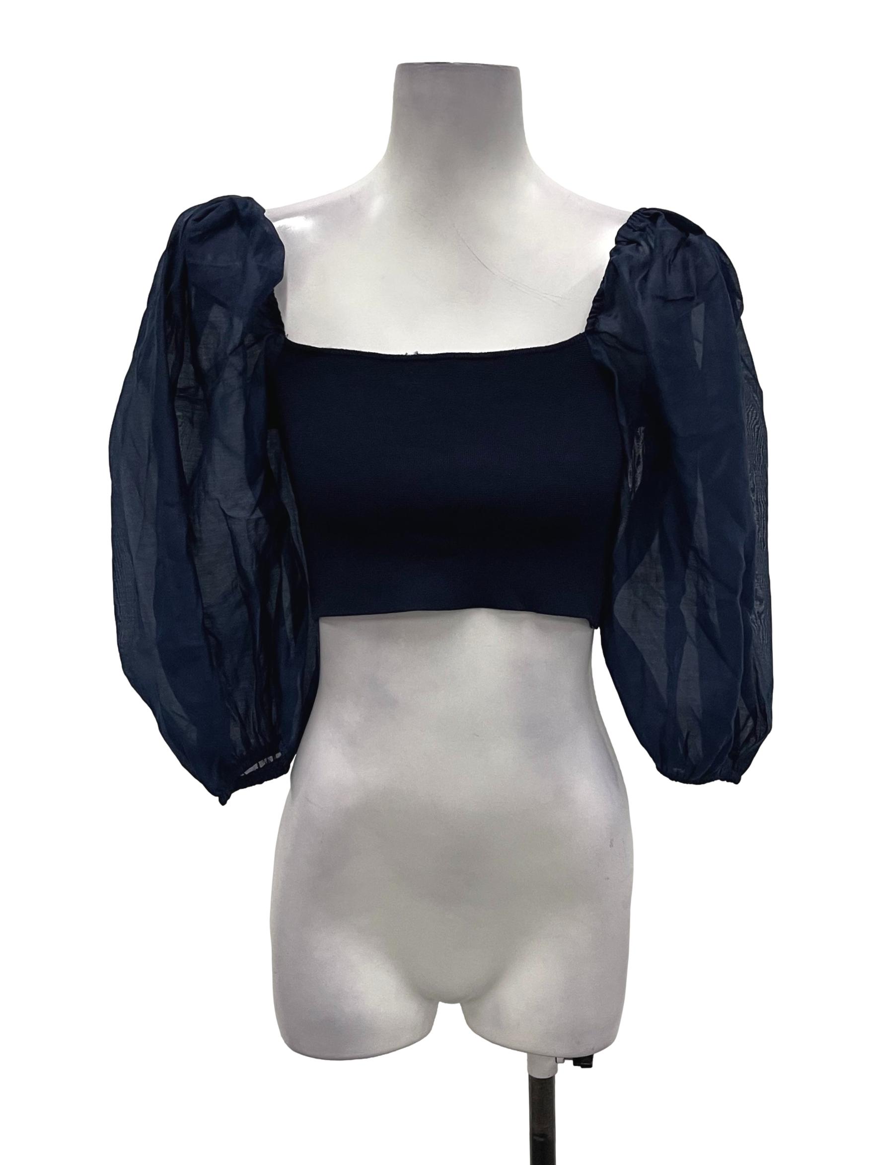 MDS Navy Blue Square Neck Ribbed Blouse
