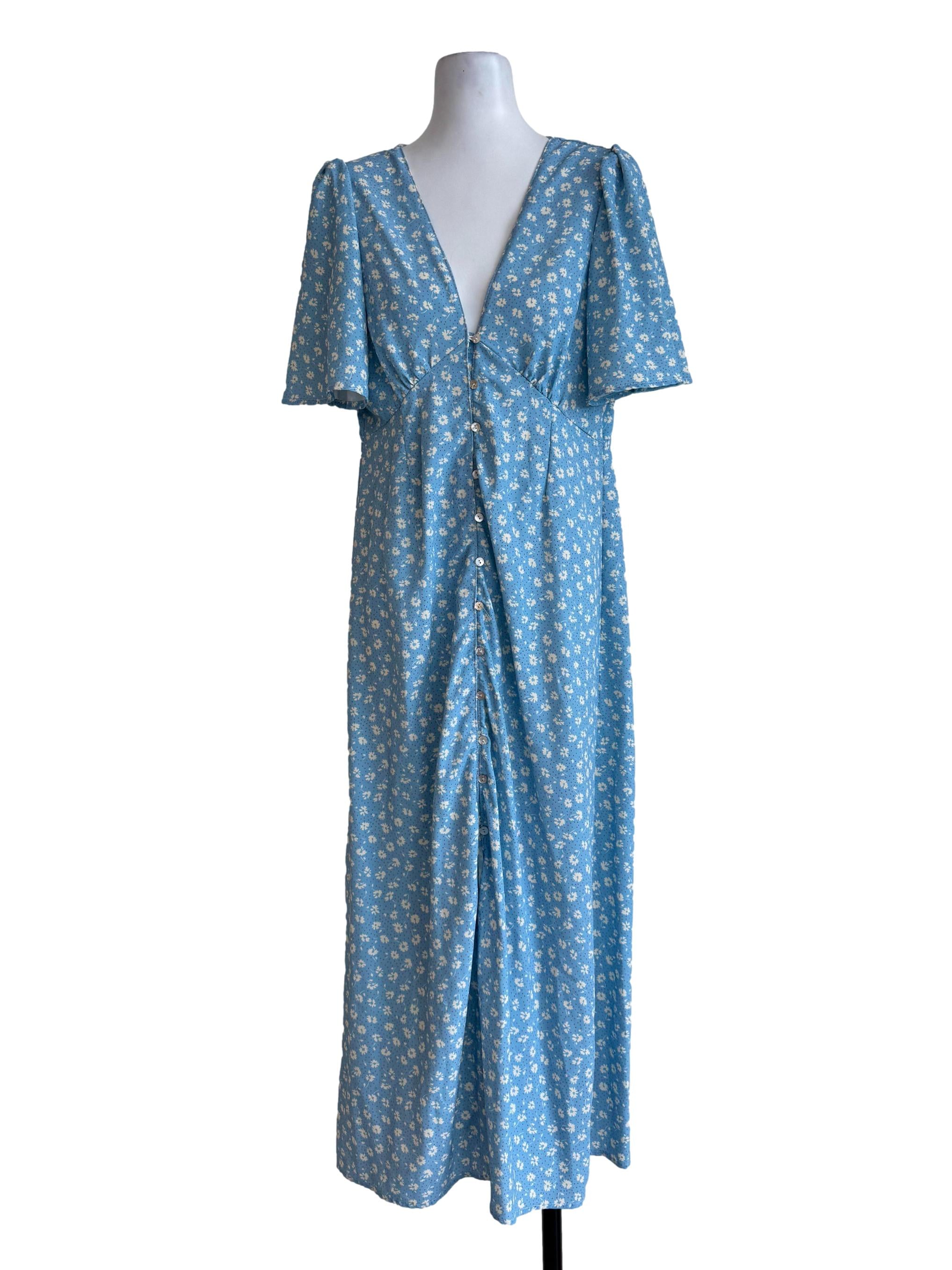 Cloud Blue With Floral Prints V Neck Dress