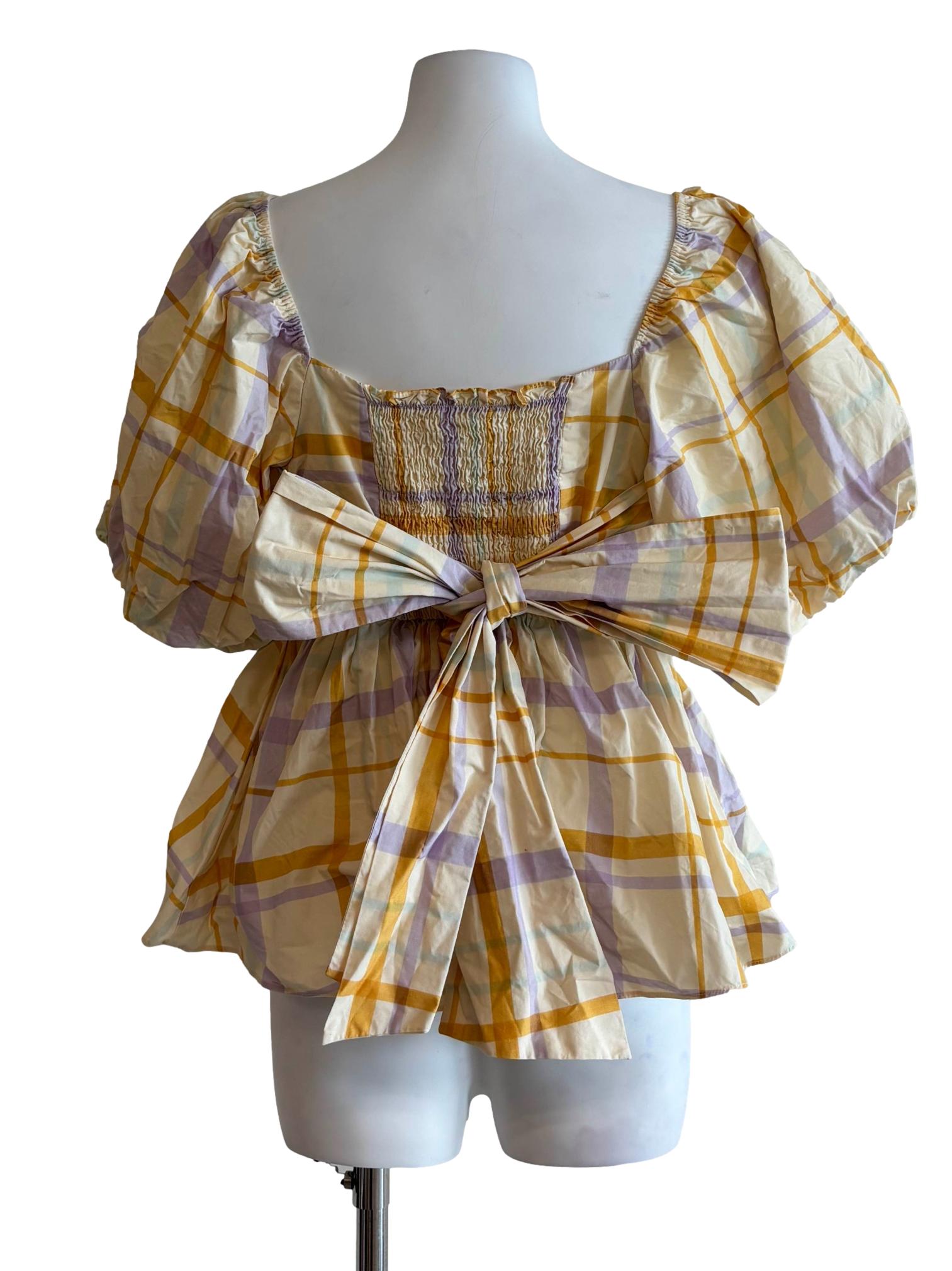 Pastel Yellow Striped Puff Sleeve Peplum Top