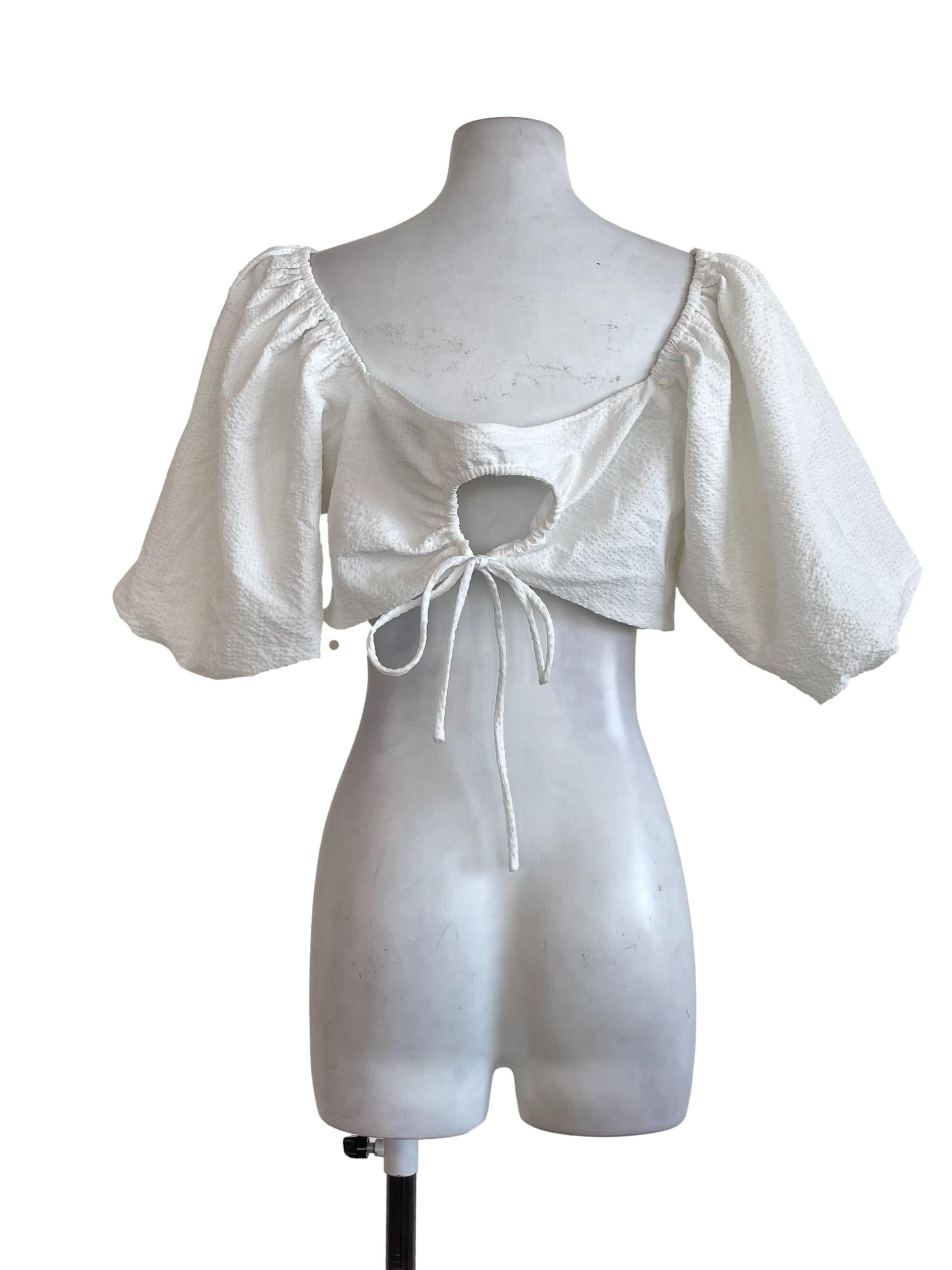 White Textured Puff Sleeves Top
