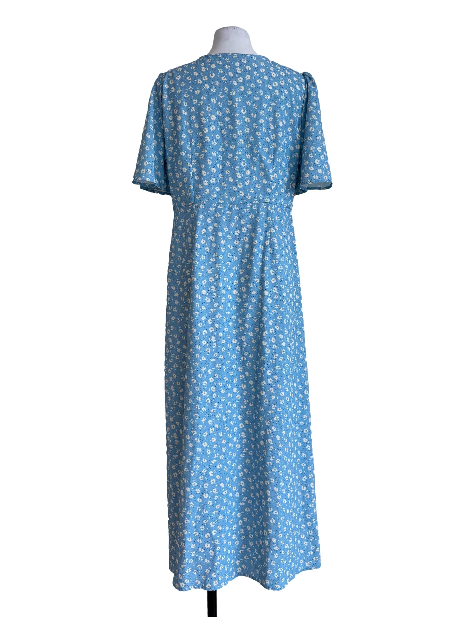 Cloud Blue With Floral Prints V Neck Dress