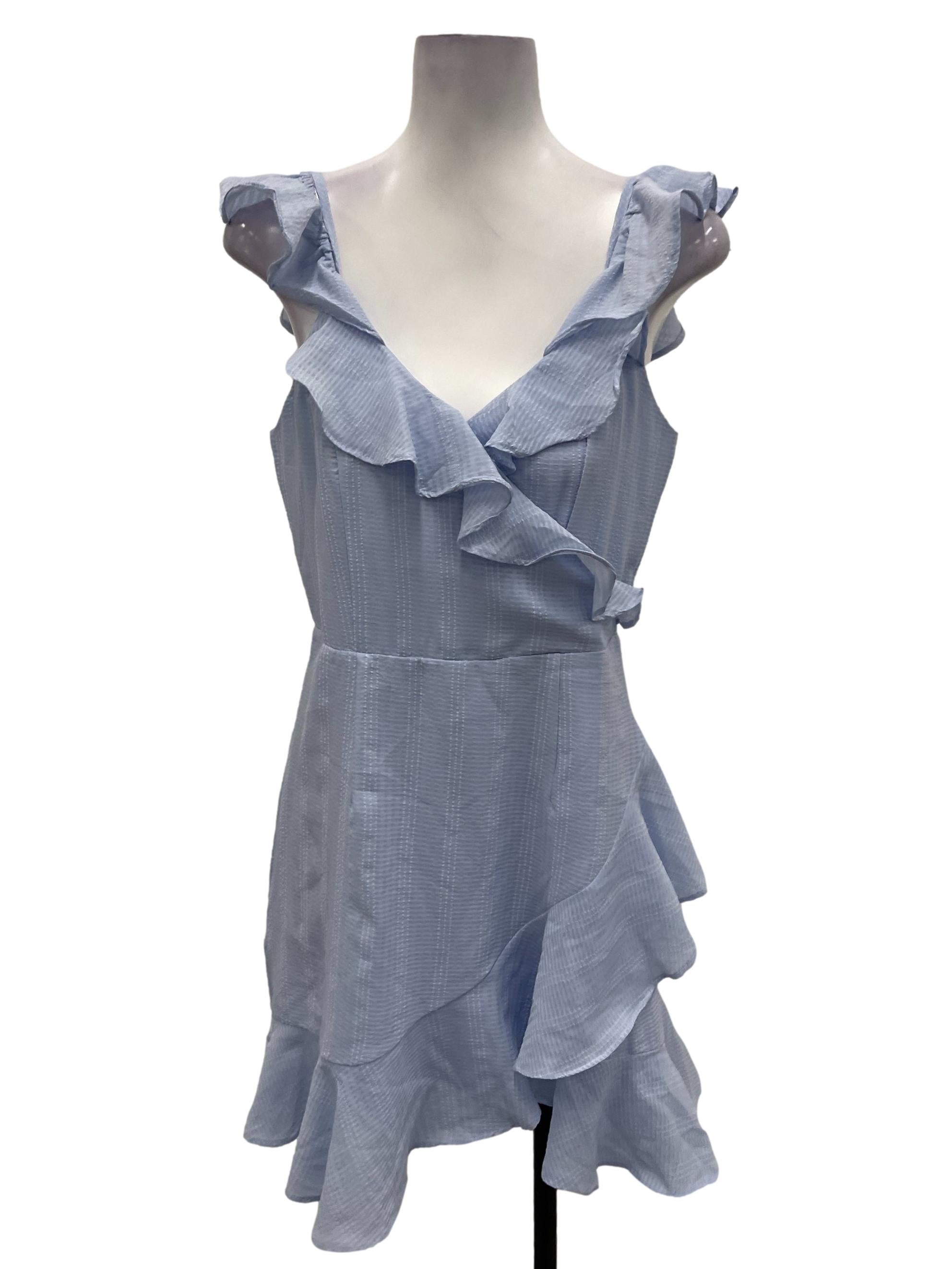 MDS Pale Blue V-Neck Ruffle Sleeve Mini Dress