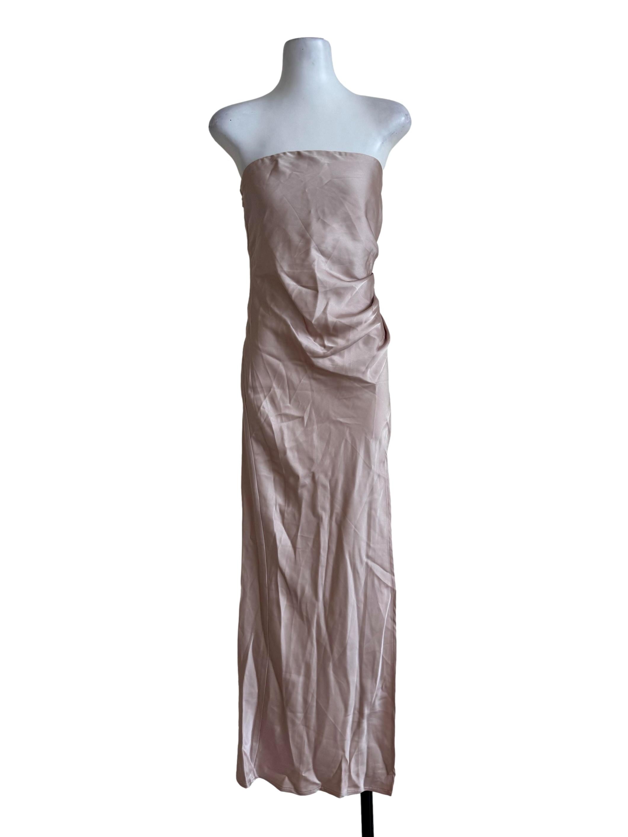 Champagne Strapless Side Split Satin Maxi Dress