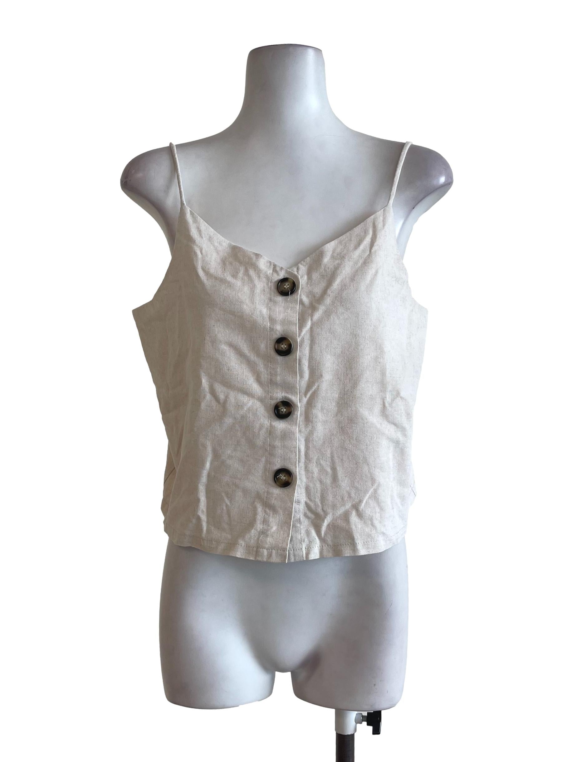 Beige Big Button Crop Top