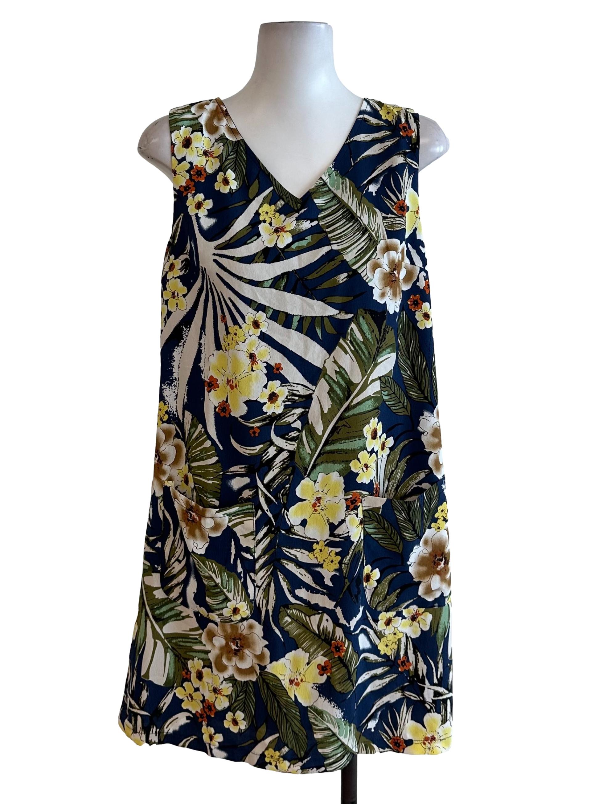 Navy Blue Floral V Neck Dress