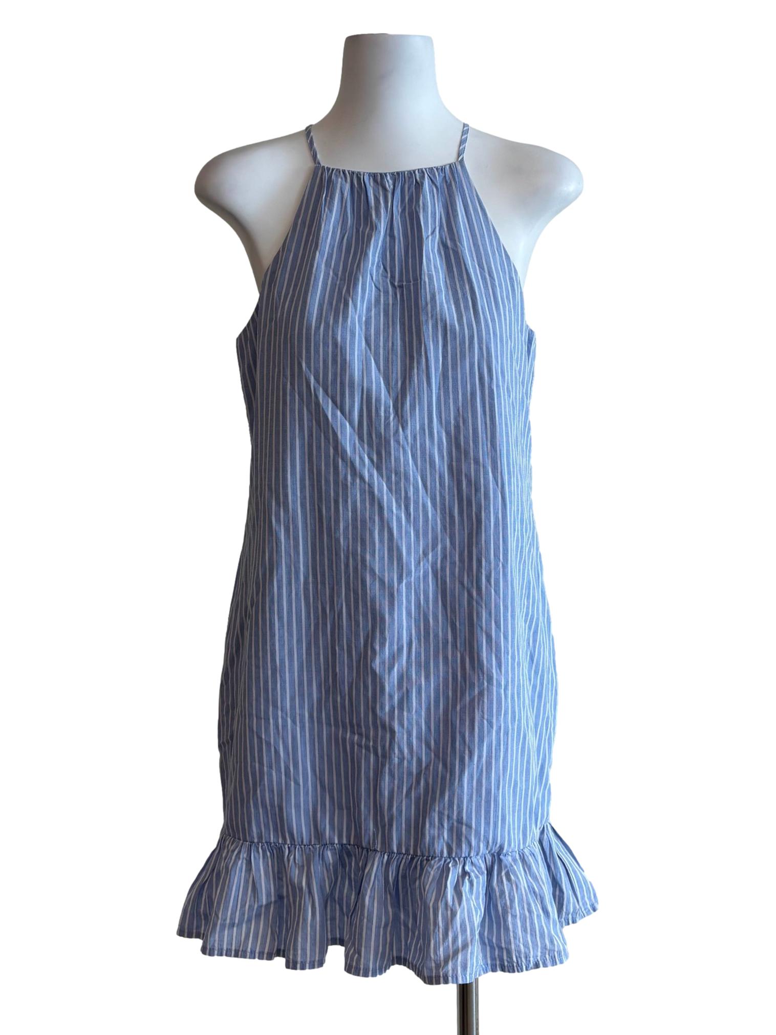 Baby Blue Striped Apron Neck Pencil Dress