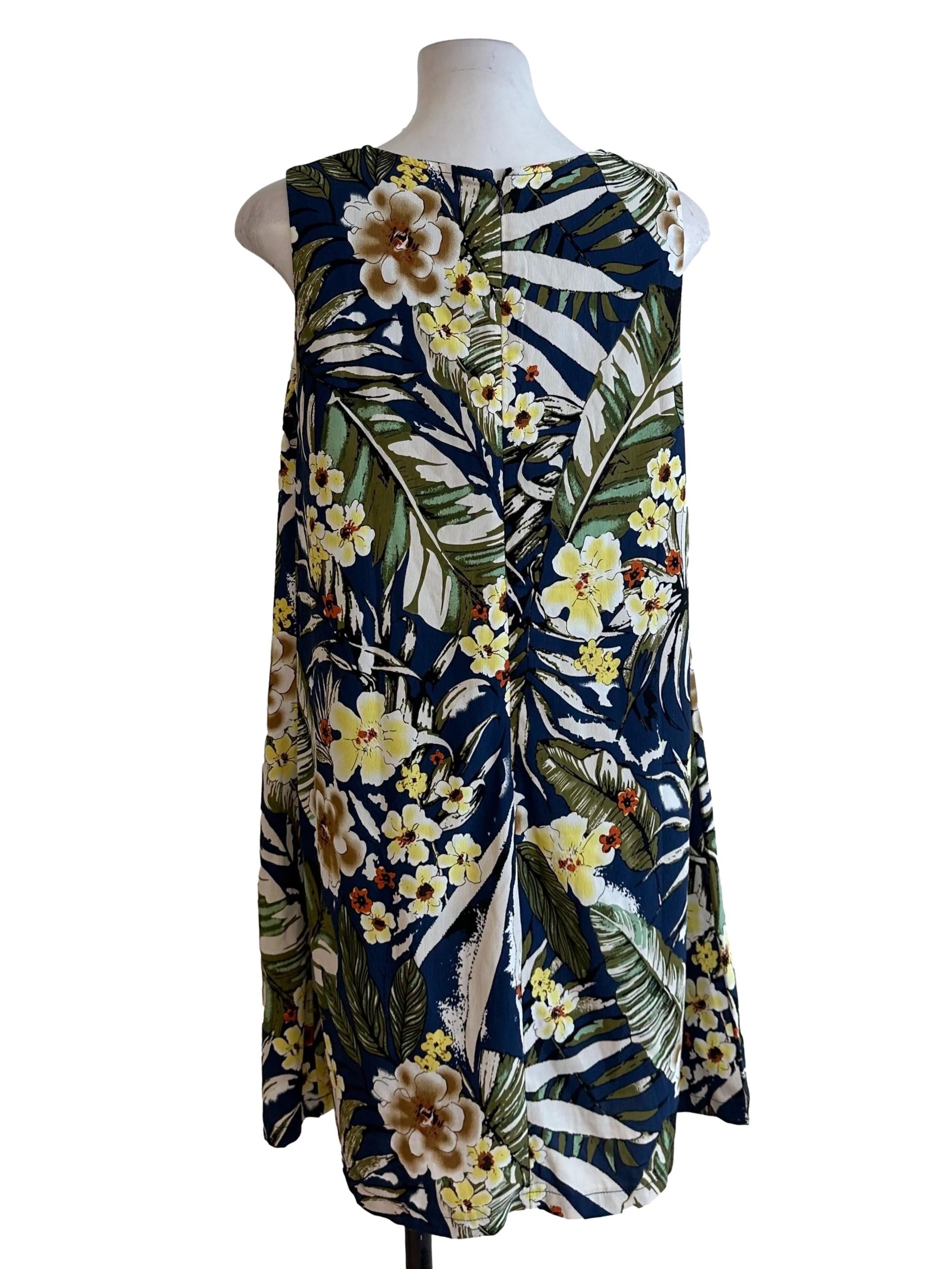 Navy Blue Floral V Neck Dress