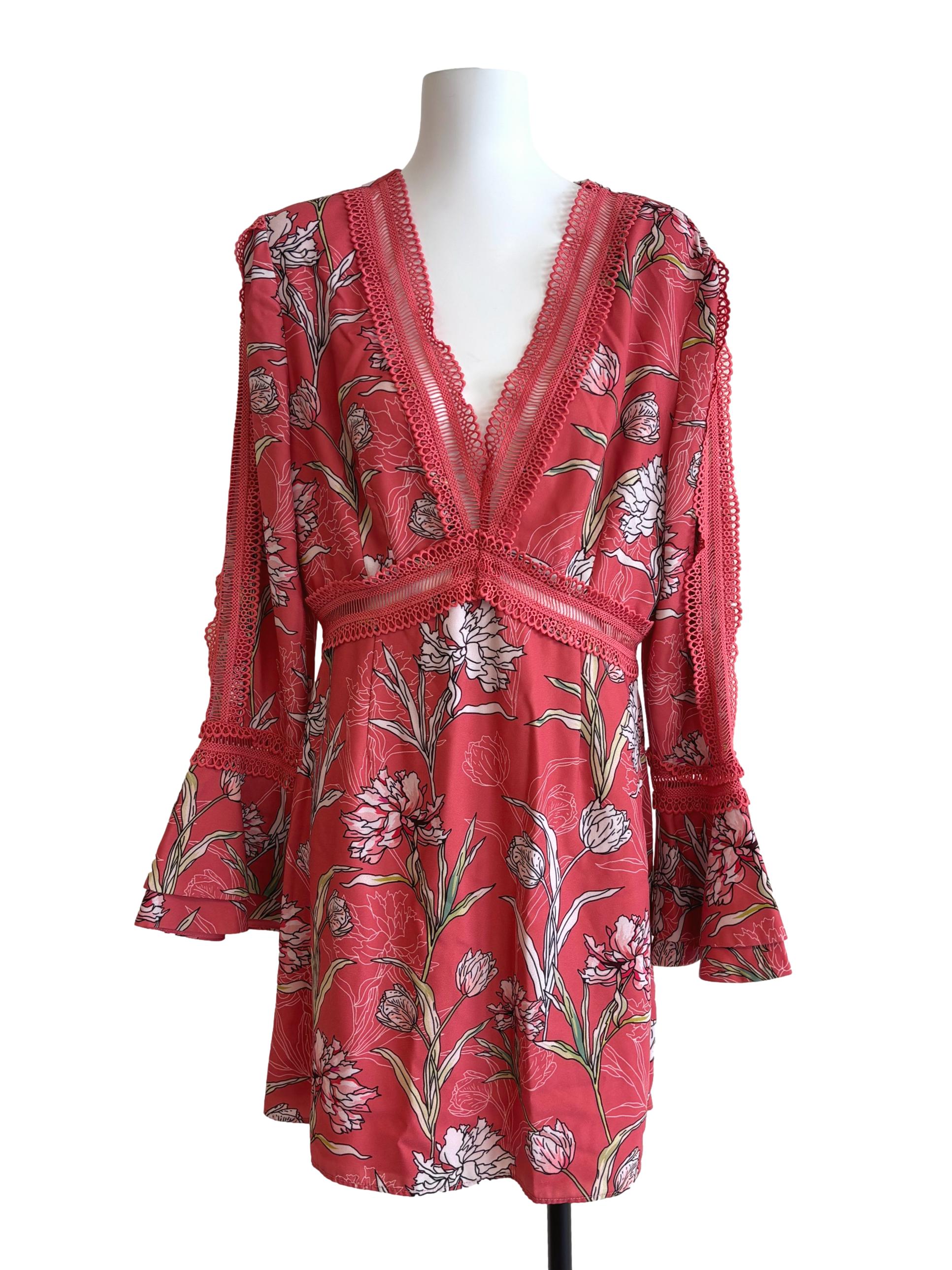 Strawberry Pink Printed Lace Hem Dress