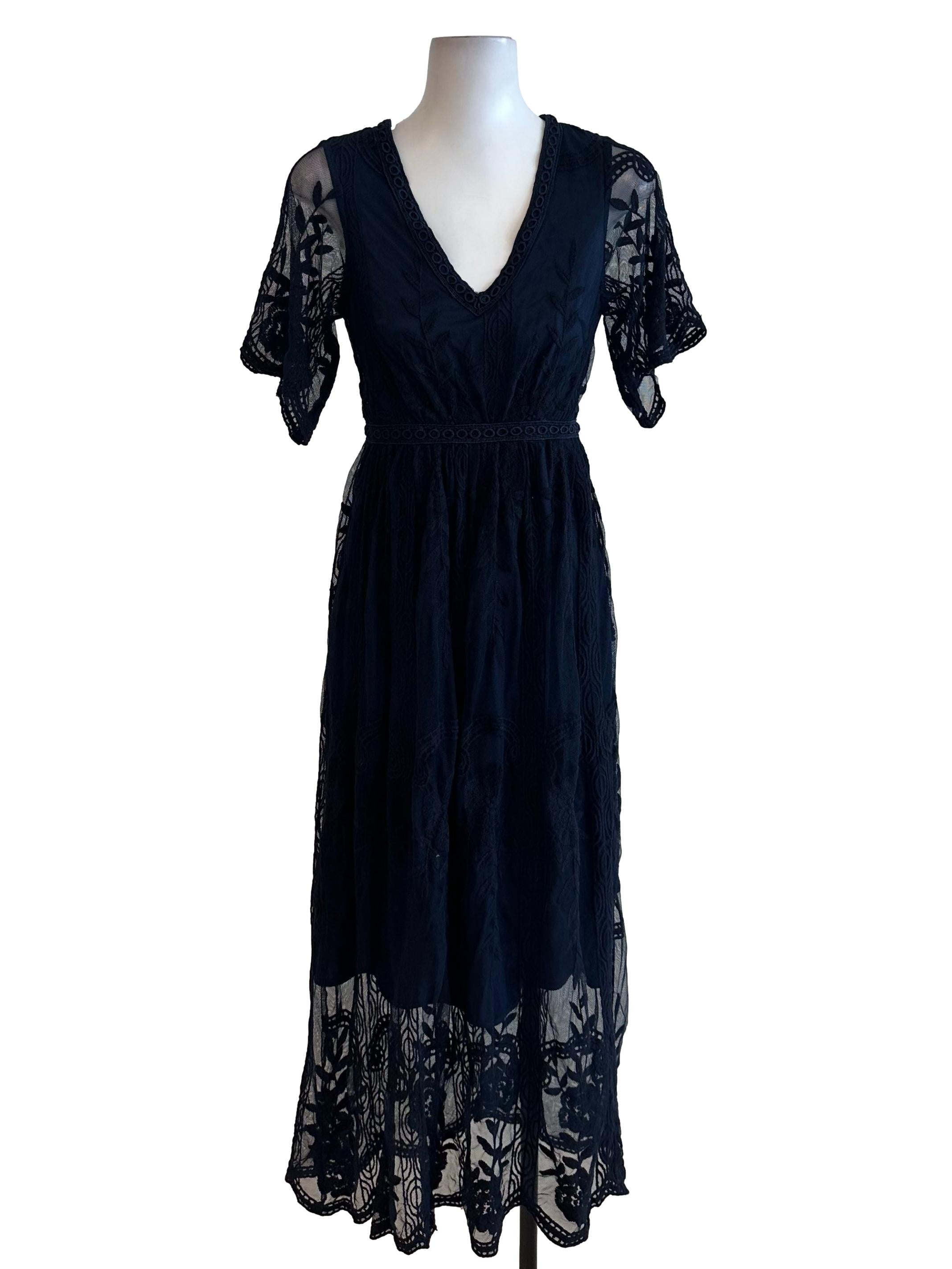 Navy Blue Lace Mesh Net Dress
