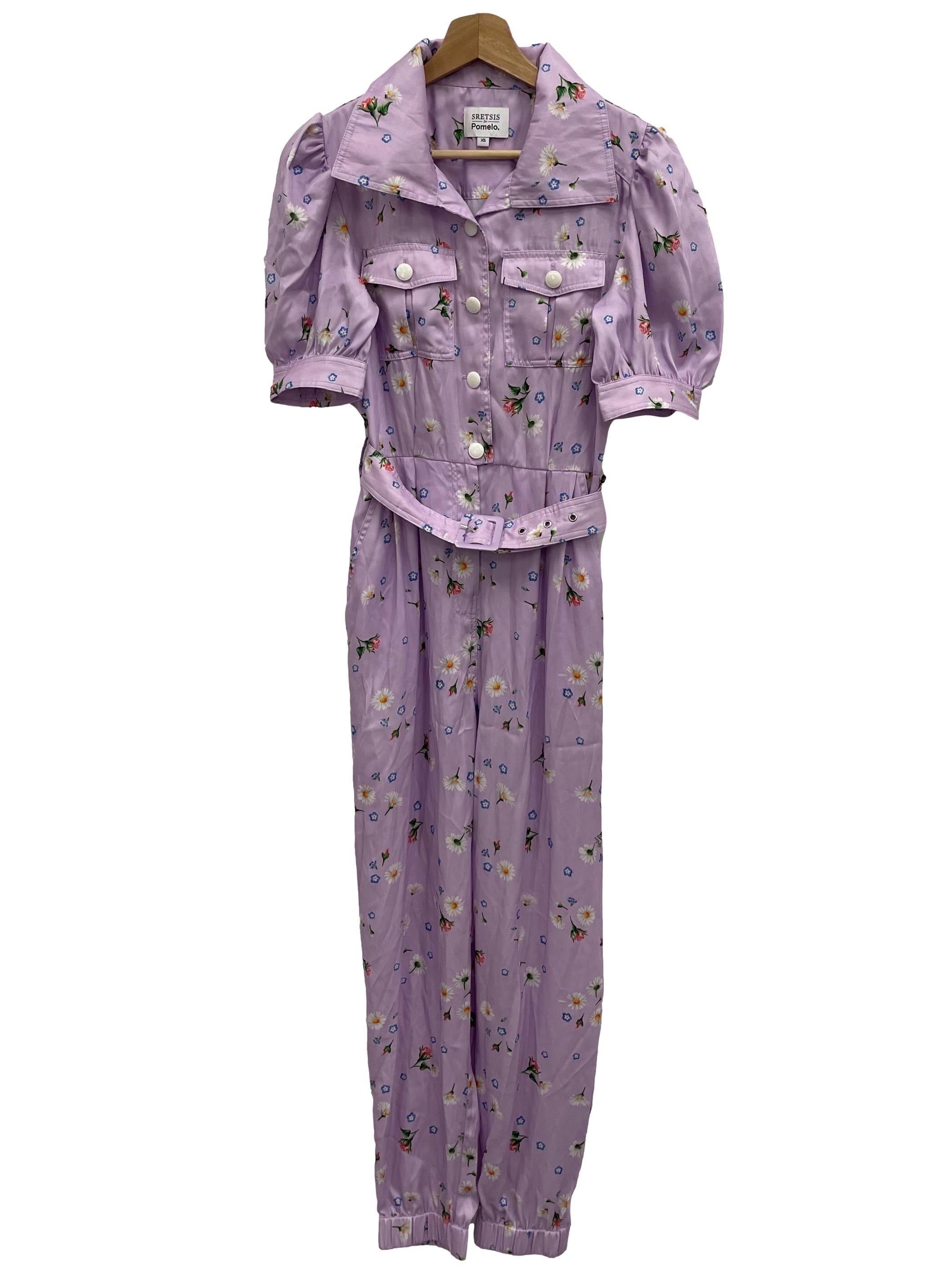 Pomelo Purple Button Down Belted Floral Jumpsuit