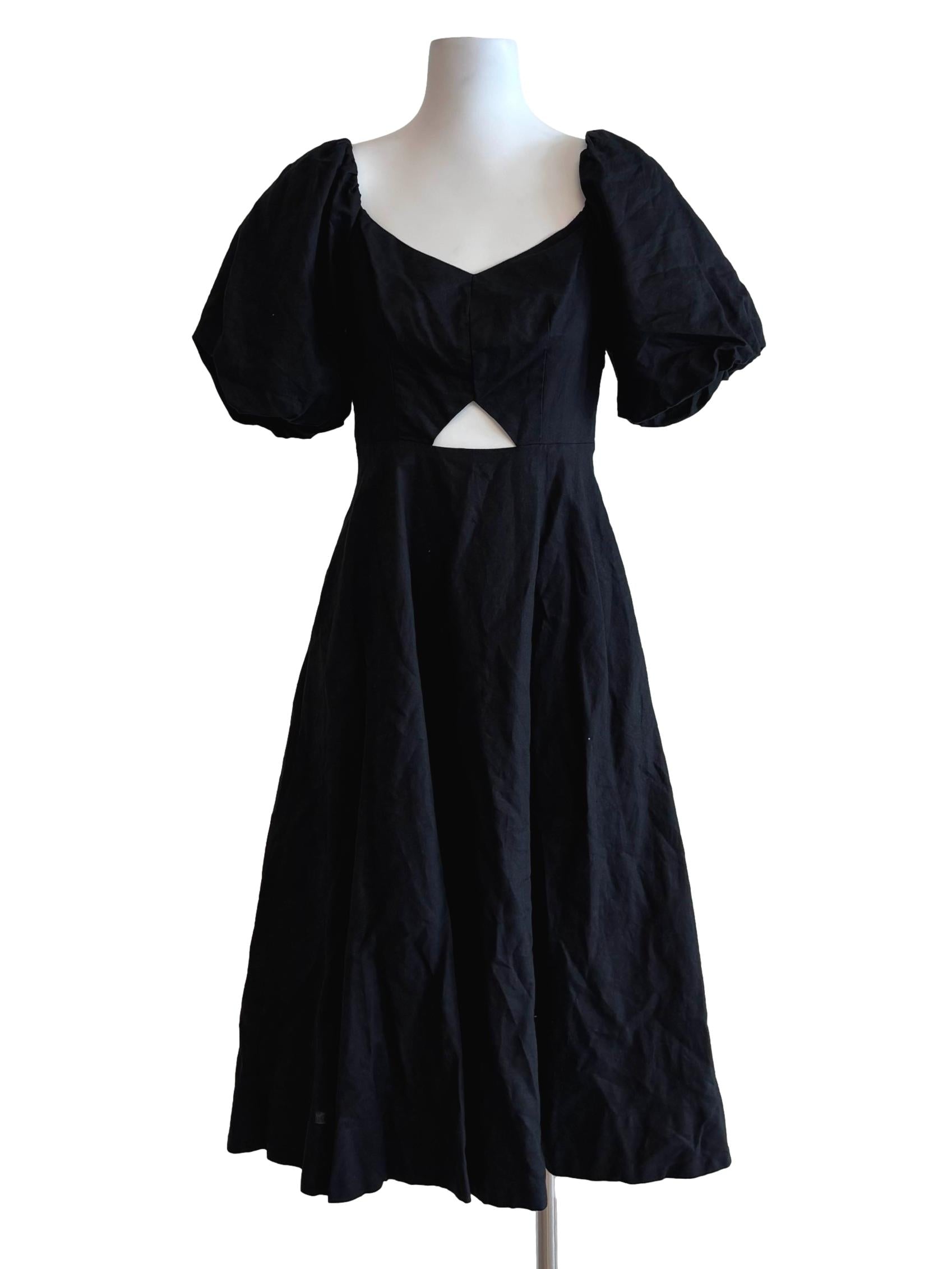 Soft Black Puff Sleeve A-Line Cotton Dress