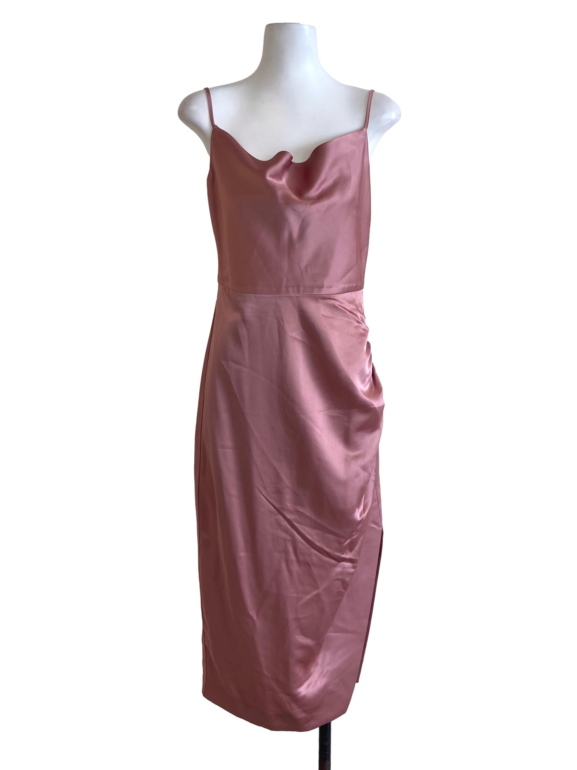 Watermelon Pink Silk Sleeveless Cowl Slit Sheath Dress