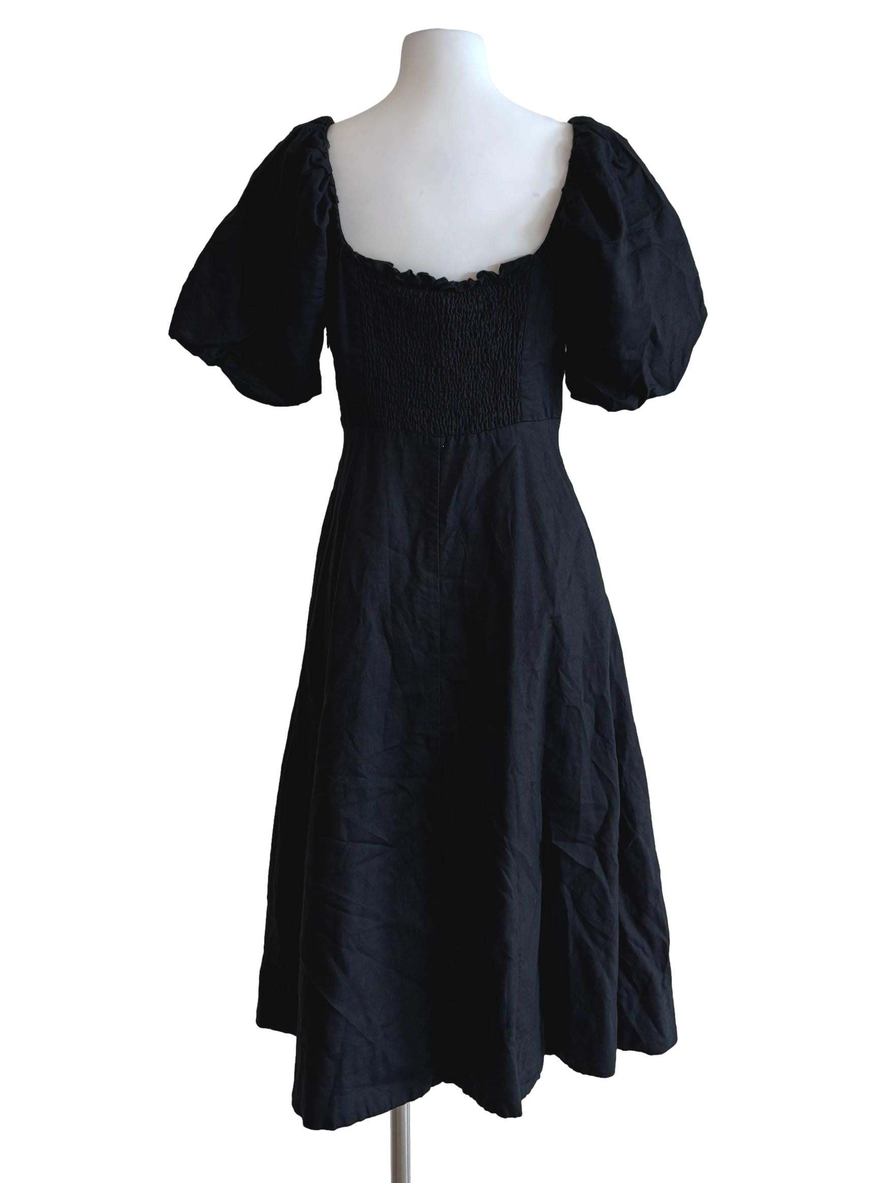Soft Black Puff Sleeve A-Line Cotton Dress