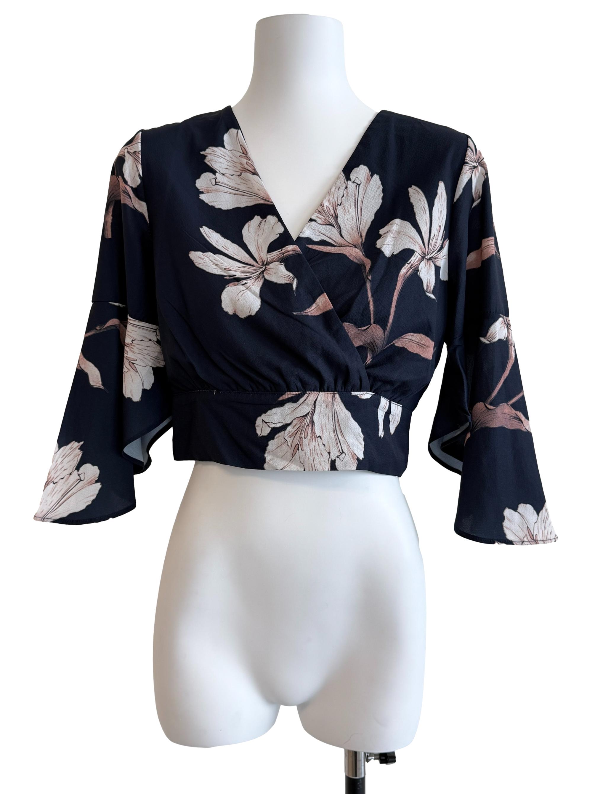 Navy Blue Floral Half Sleeves Blouse