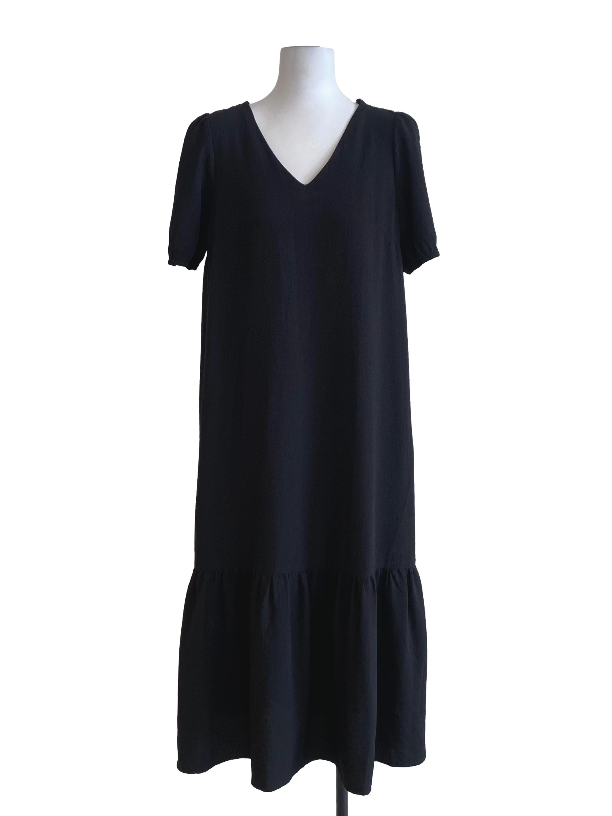 Jet Black V-Neck Bubble Shoulder Dress