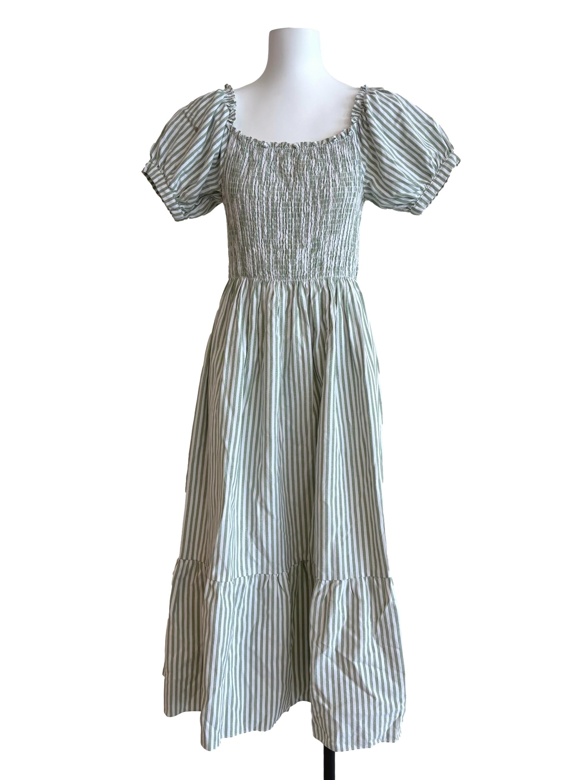 Sage Green Striped Smocked Dress