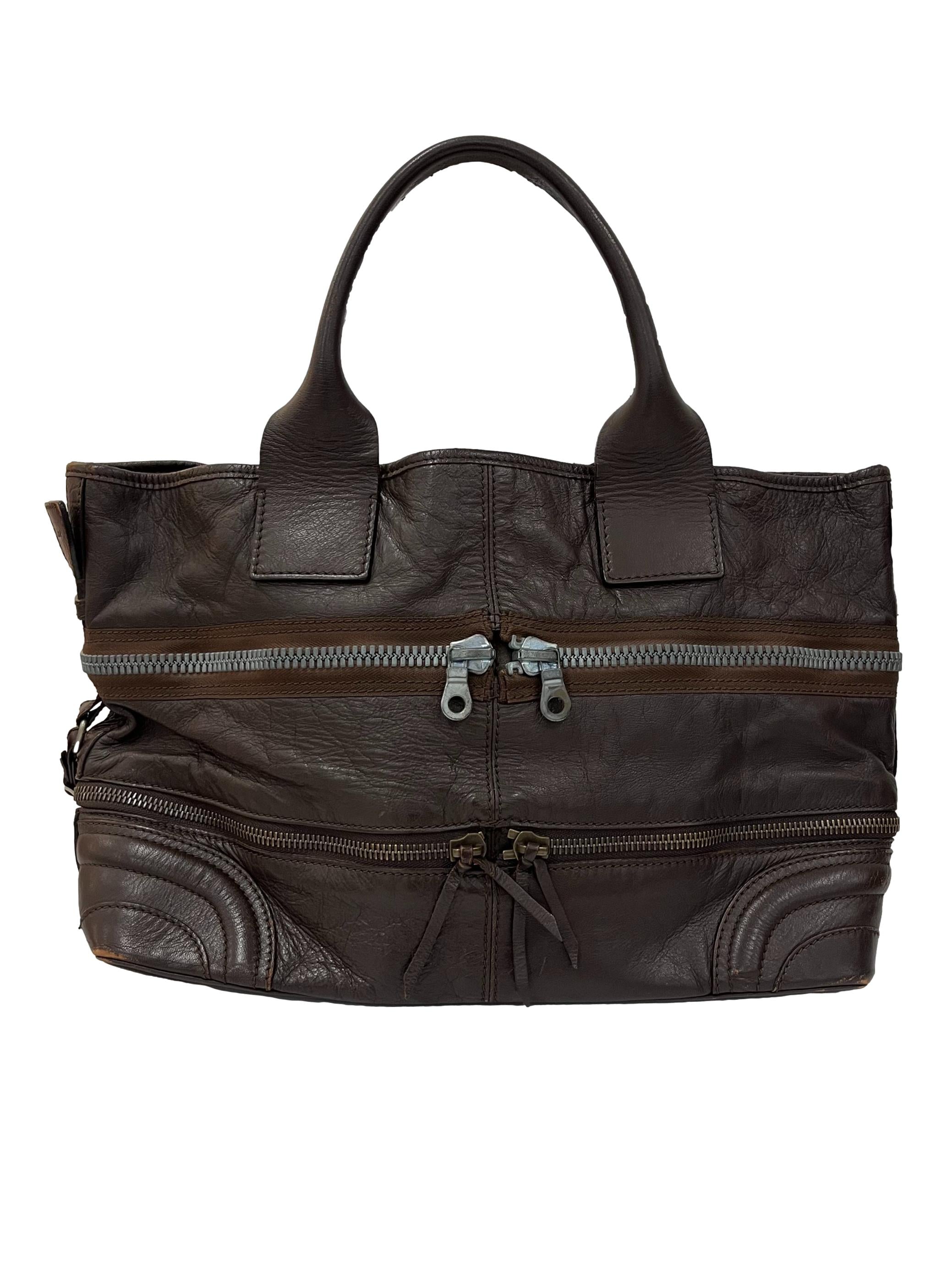 Mocha Anthracite Black Leather Zippered Tote Bag