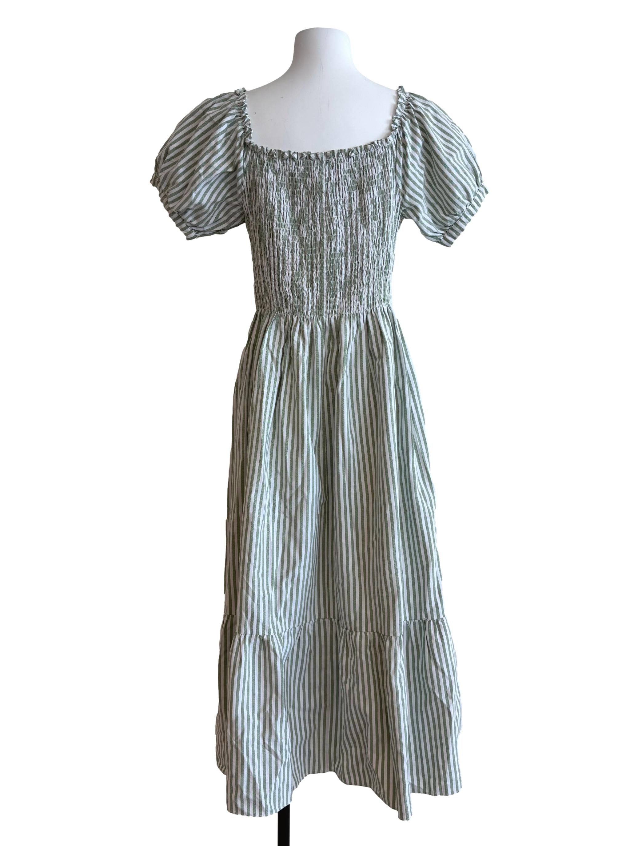 Sage Green Striped Smocked Dress