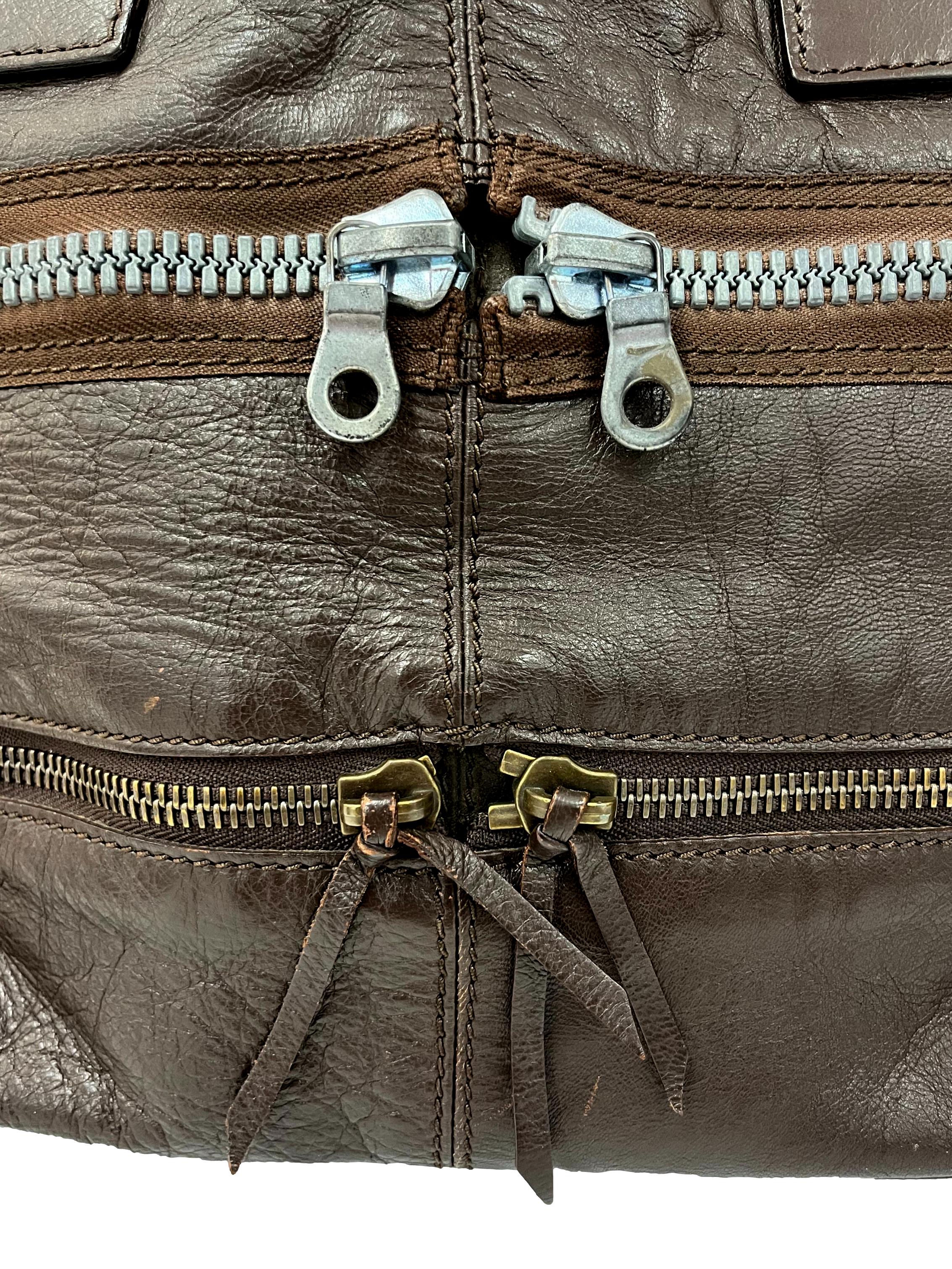 Mocha Anthracite Black Leather Zippered Tote Bag