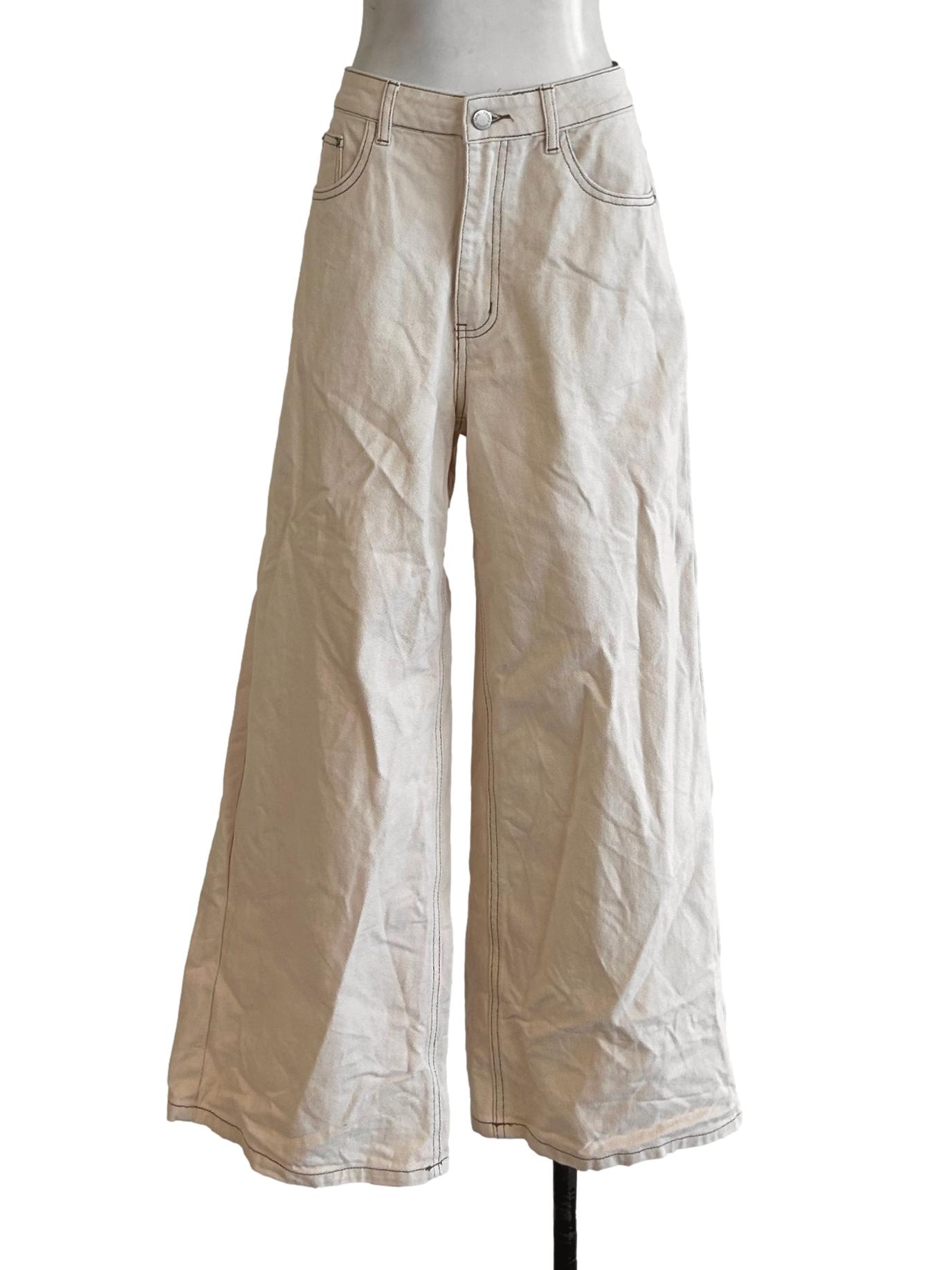 Cream Denim Wide Leg Pants YHF