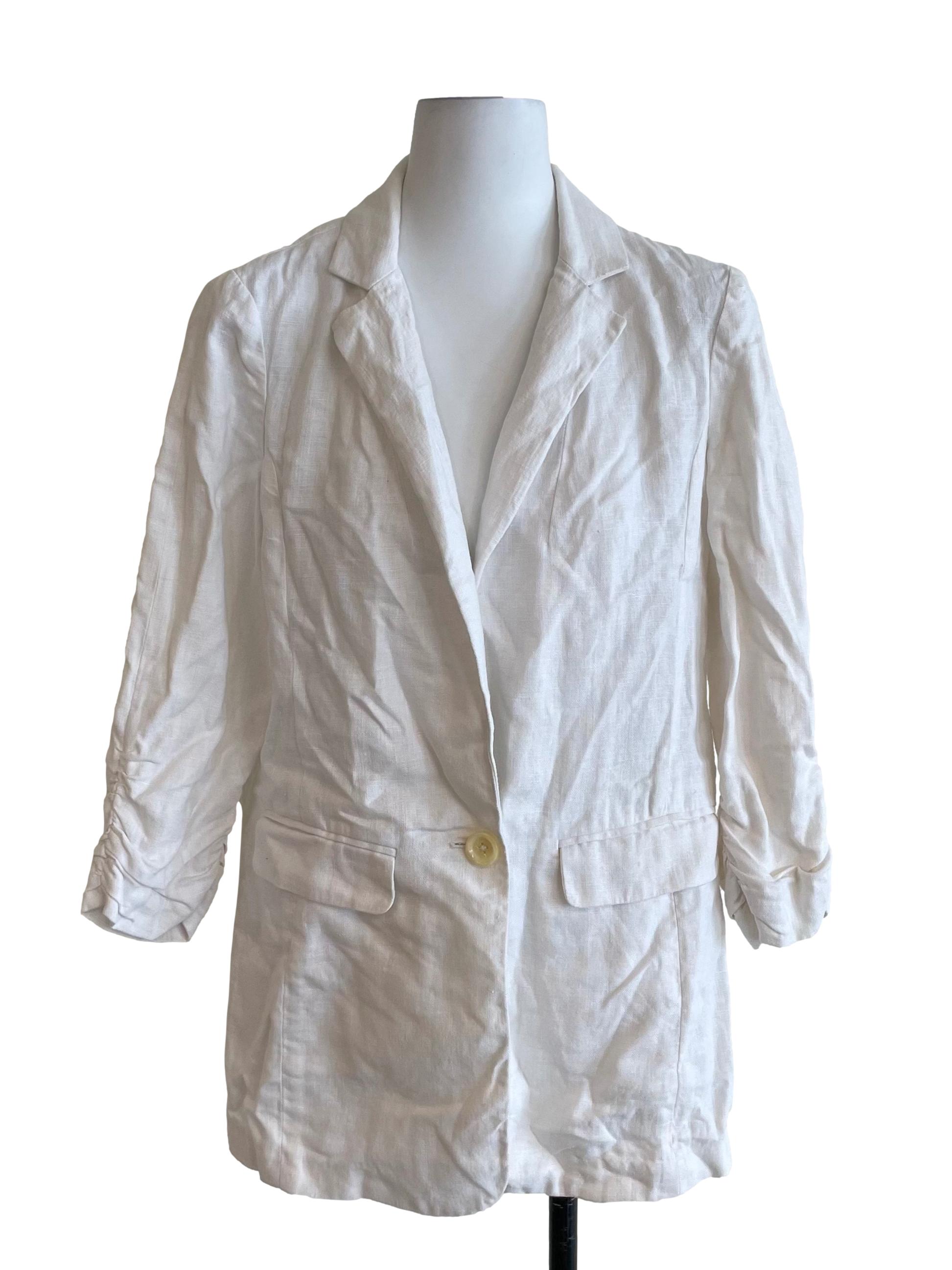 White Scrunch Sleeves One Button Blazer