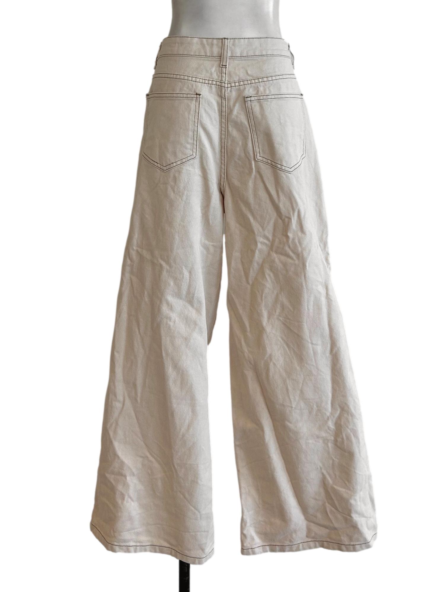 Cream Denim Wide Leg Pants YHF