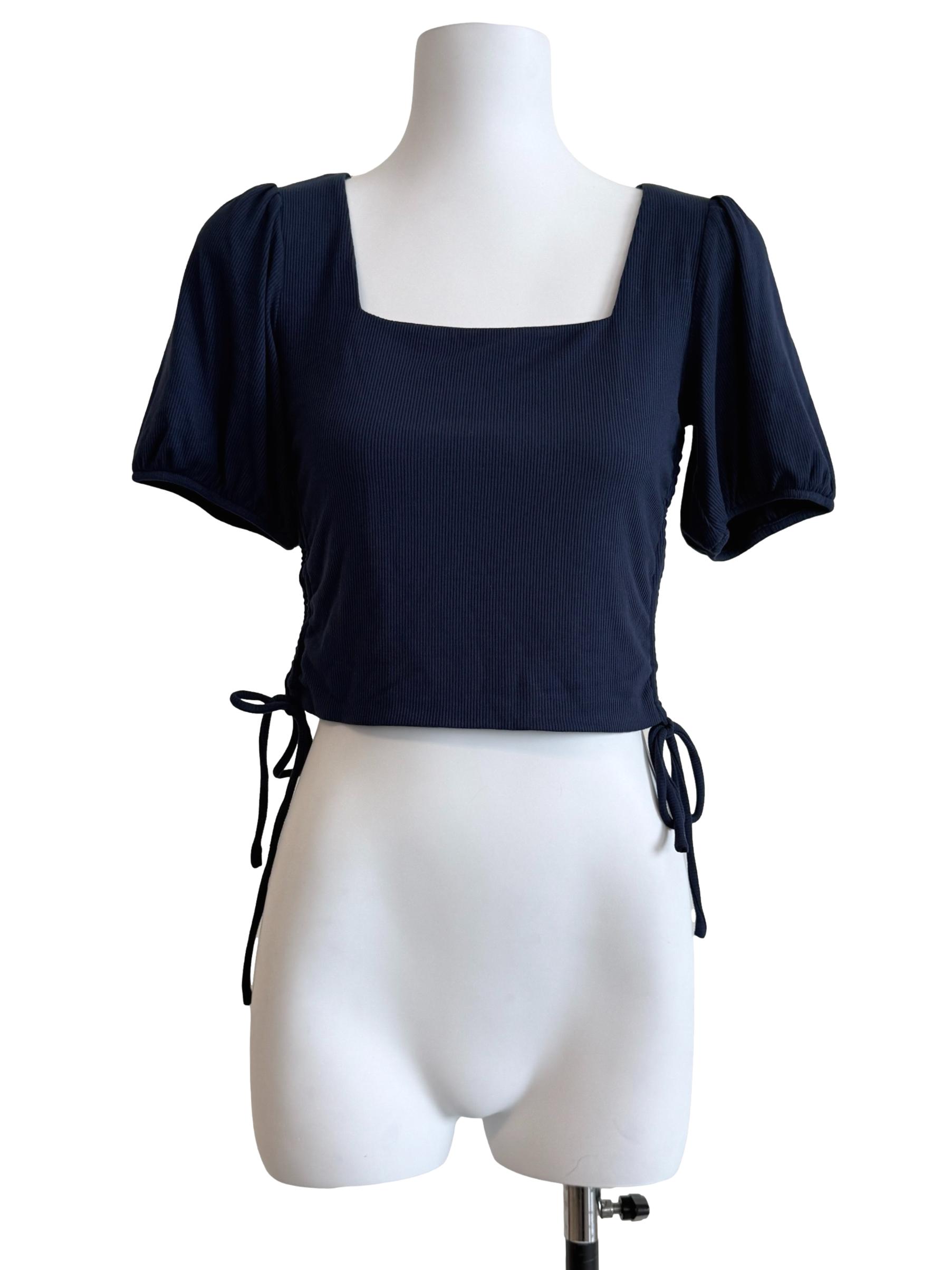 Navy Blue Square Neck Side Tie Blouse