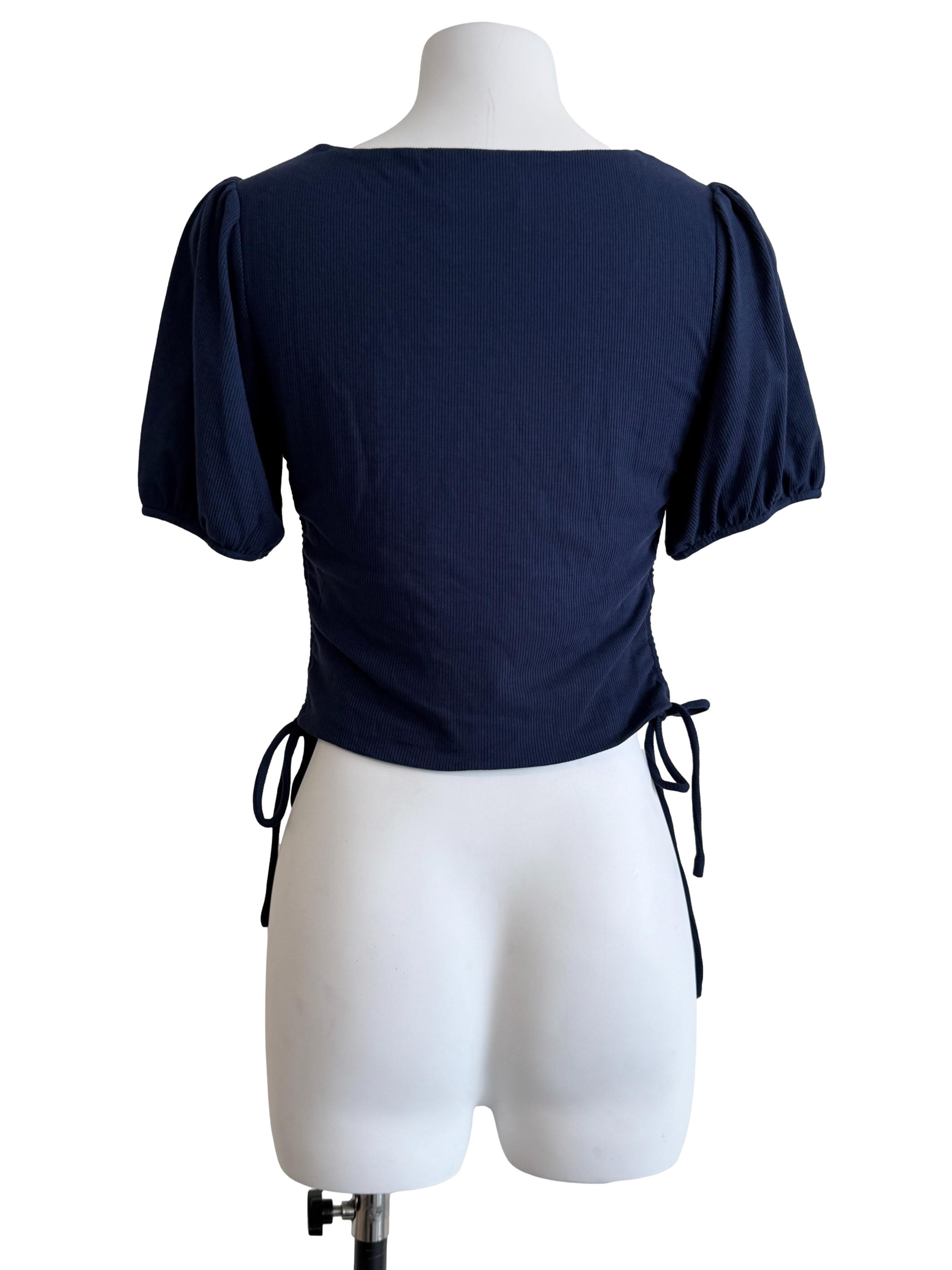 Navy Blue Square Neck Side Tie Blouse