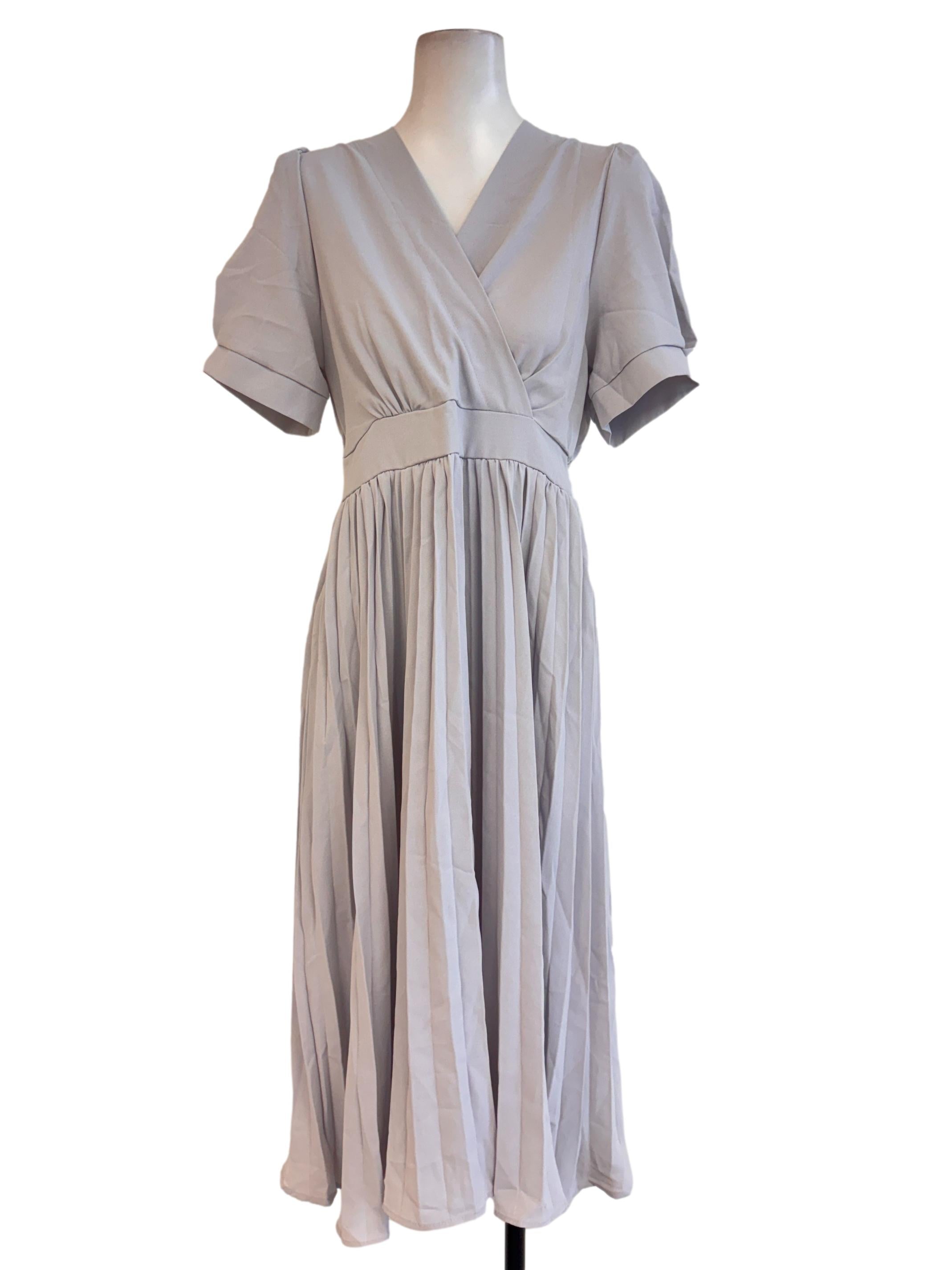 Grey Pleated V Neck Dress