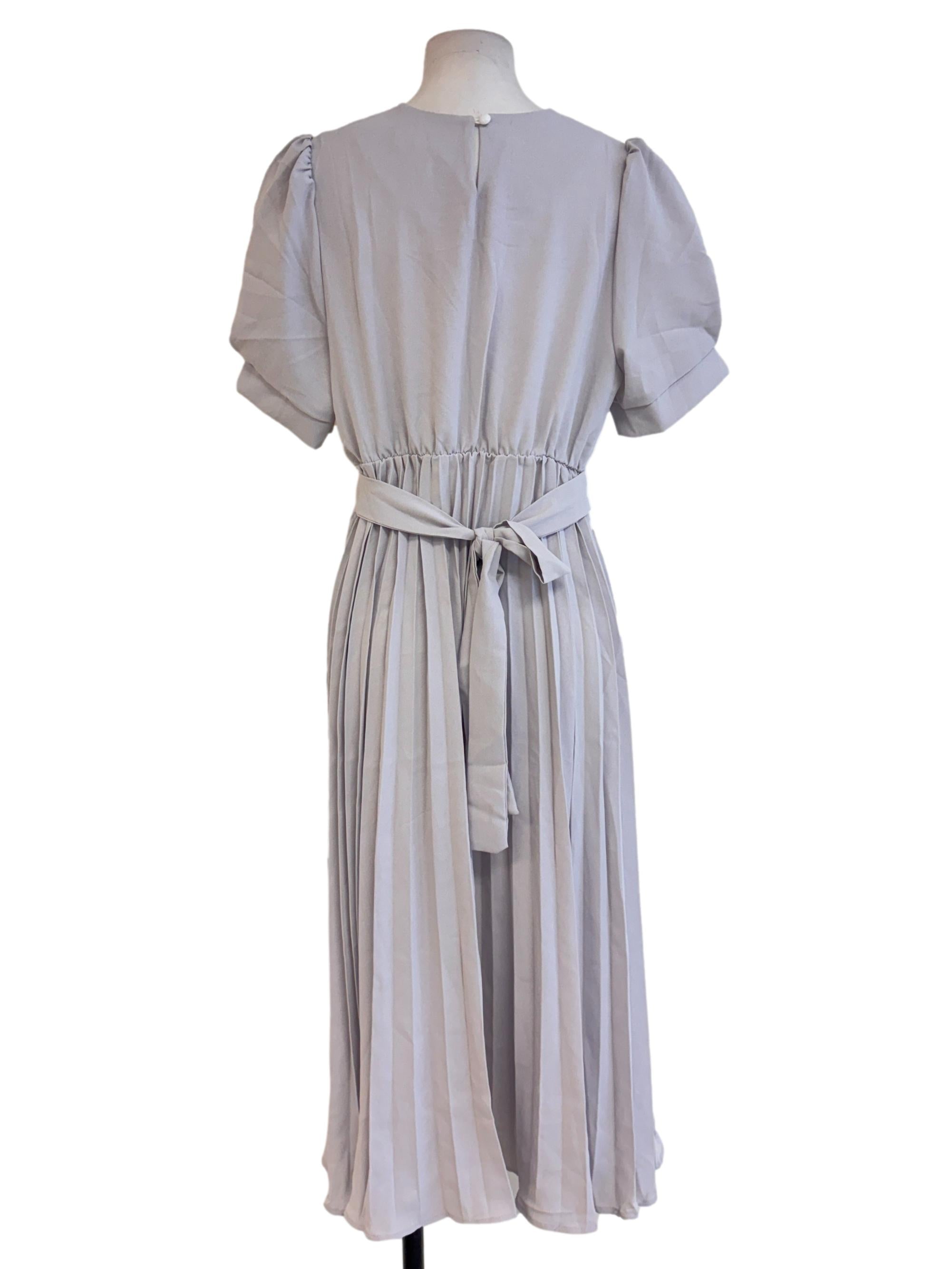 Grey Pleated V Neck Dress