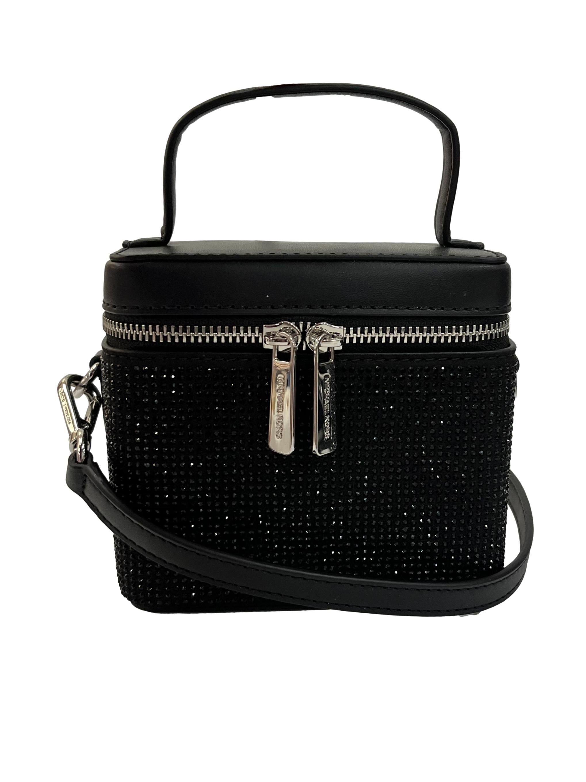 Black Leather Sandrine Glitter Small Box Crossbody Bag CSN
