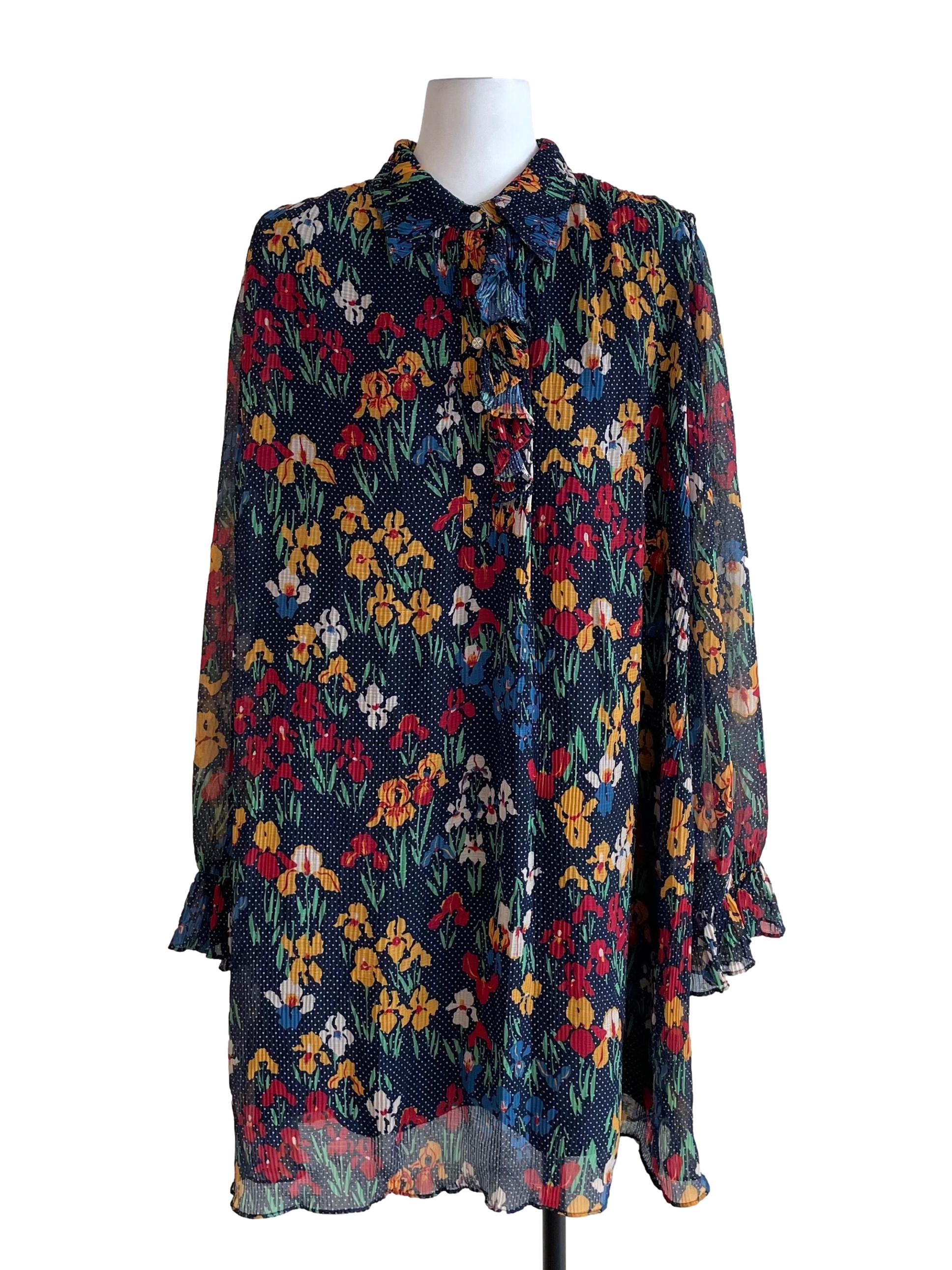 Indigo Blue Floral Ruffled Chiffon Shirt Dress