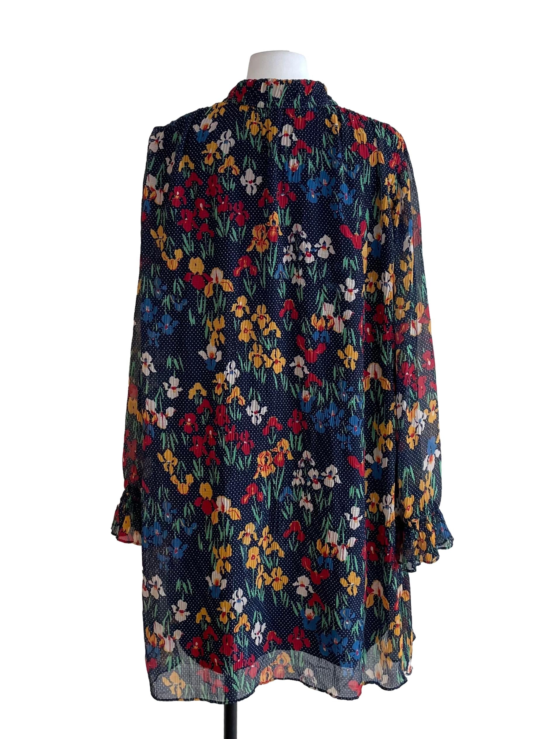 Indigo Blue Floral Ruffled Chiffon Shirt Dress
